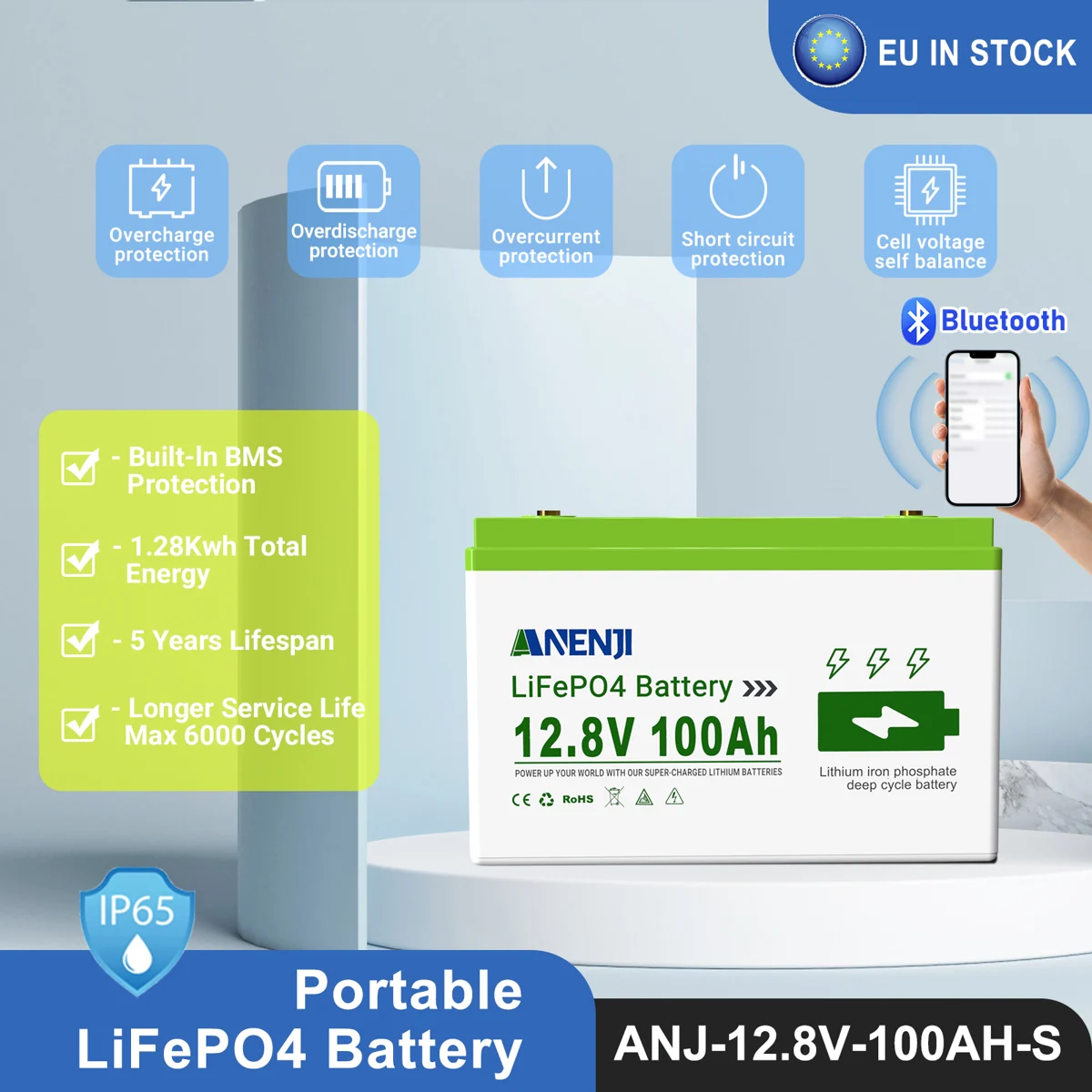 Anenji LiFePO4-Akku 12V 100Ah 1,28kWh BMS — фото 2