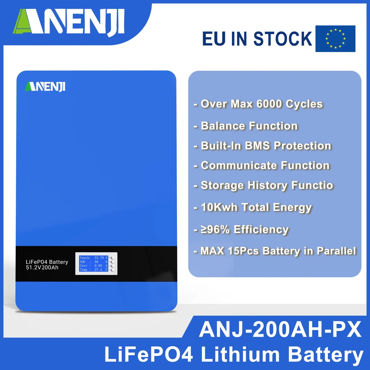 Anenji аккумулятор LiFePO4 (настенный), 51,2 В, 200 Ач, 10 кВтч, BMS — фото 2