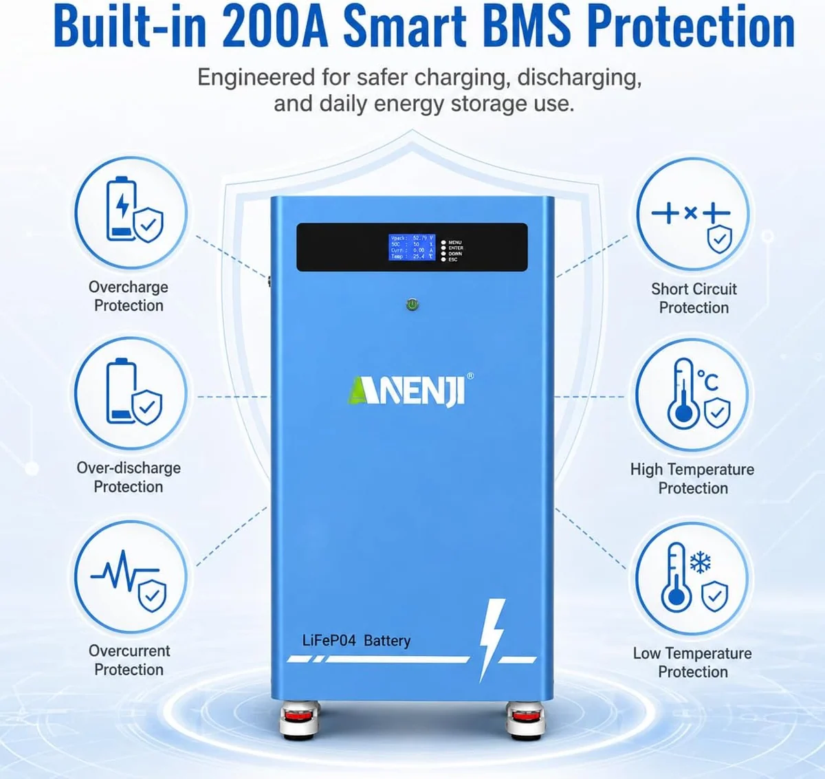 Anenji LiFePO4 battery, 51.2V, 300Ah, 16kWh, Bluetooth, BMS — фото 4