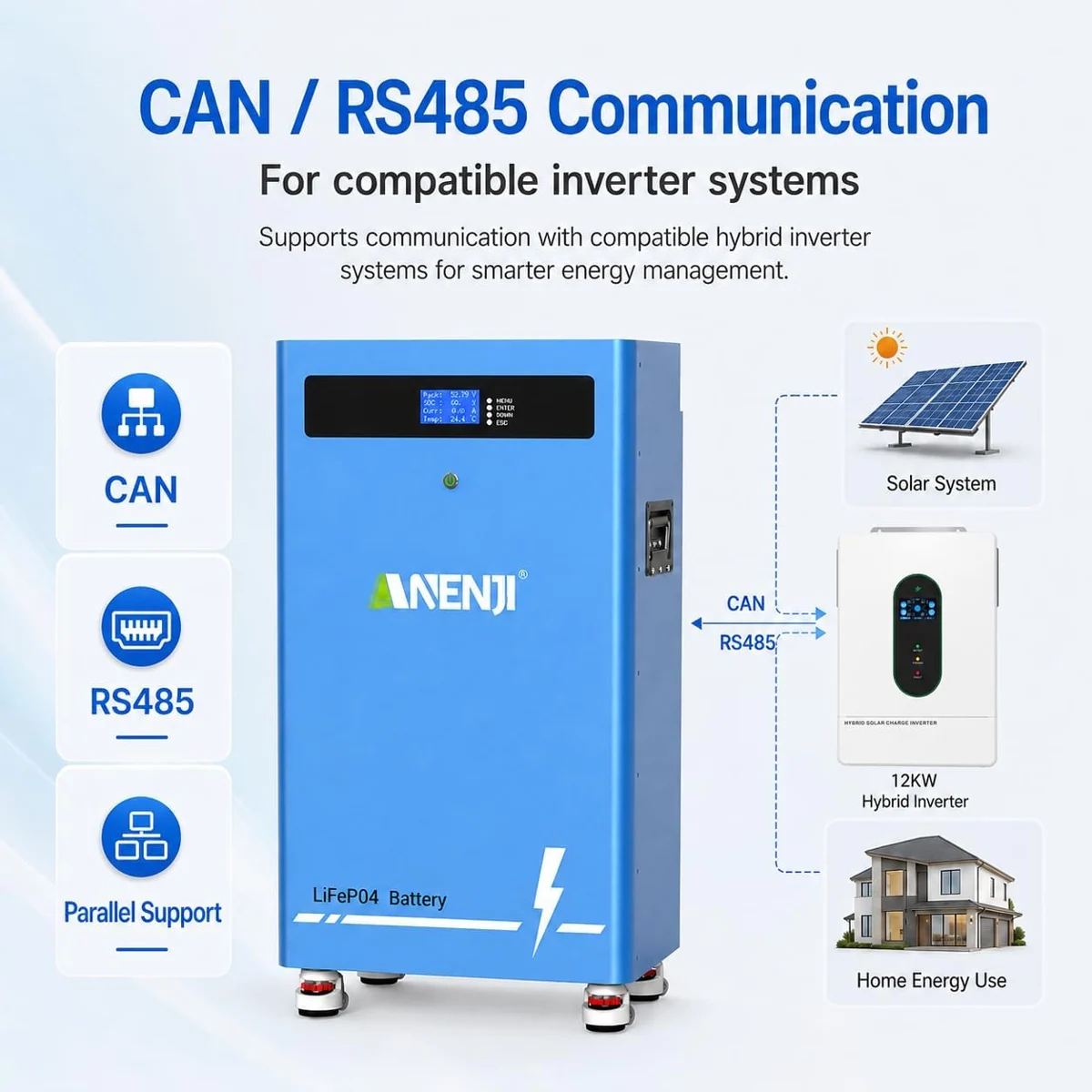 Anenji LiFePO4 battery, 51.2V, 300Ah, 16kWh, Bluetooth, BMS — фото 5