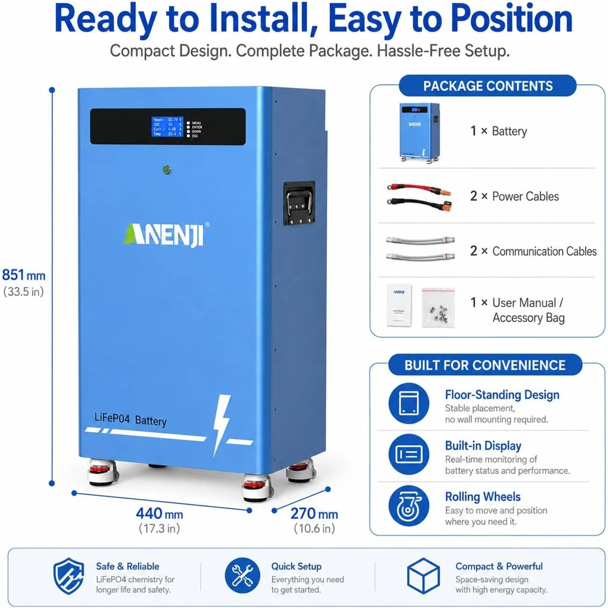Anenji LiFePO4 battery, 51.2V, 300Ah, 16kWh, Bluetooth, BMS — фото 6