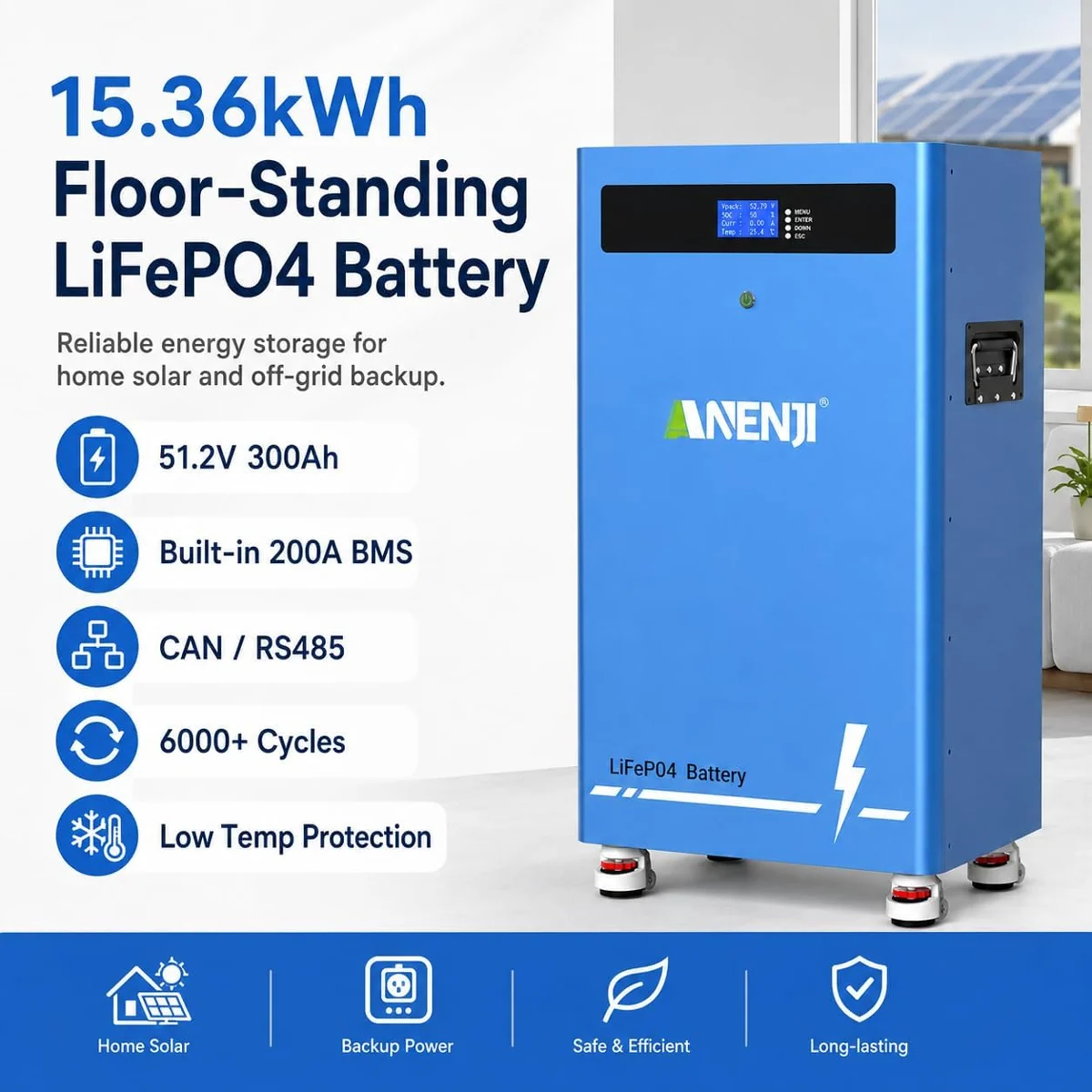Anenji LiFePO4 battery, 51.2V, 300Ah, 16kWh, Bluetooth, BMS — фото 7