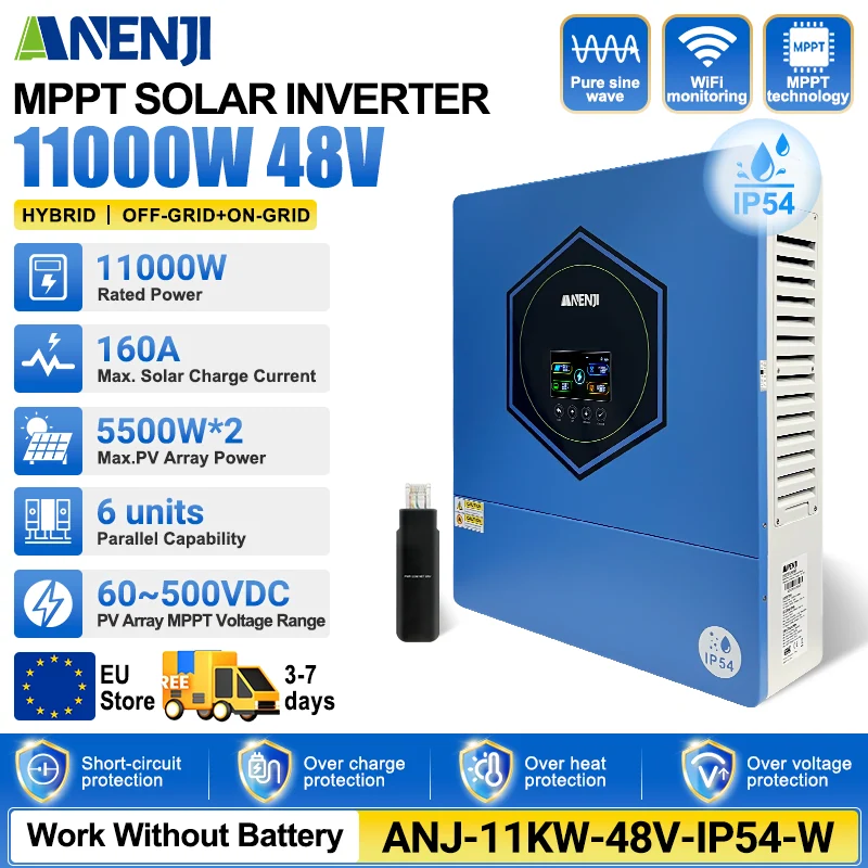 Anenji hybrid inverter, 11 kW, 48 V, IP54, up to 6 pcs. in parallel, Wi-Fi — фото 2
