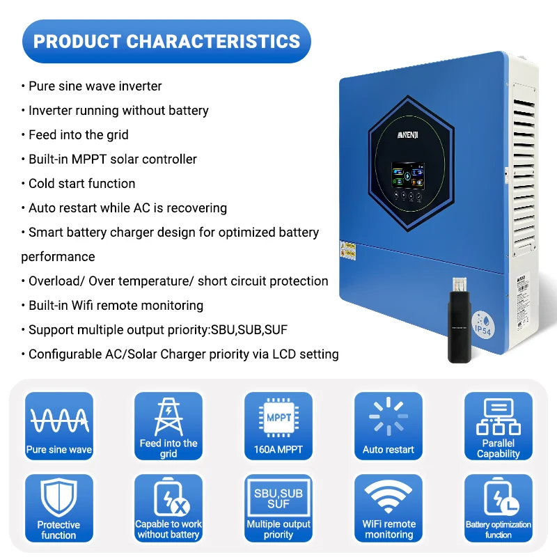 Anenji hybrid inverter, 11 kW, 48 V, IP54, up to 6 pcs. in parallel, Wi-Fi — фото 6