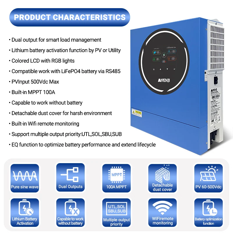 Anenji Hybrid Inverter 5kW 48V 2 Outputs Parallel Wi-Fi — фото 3