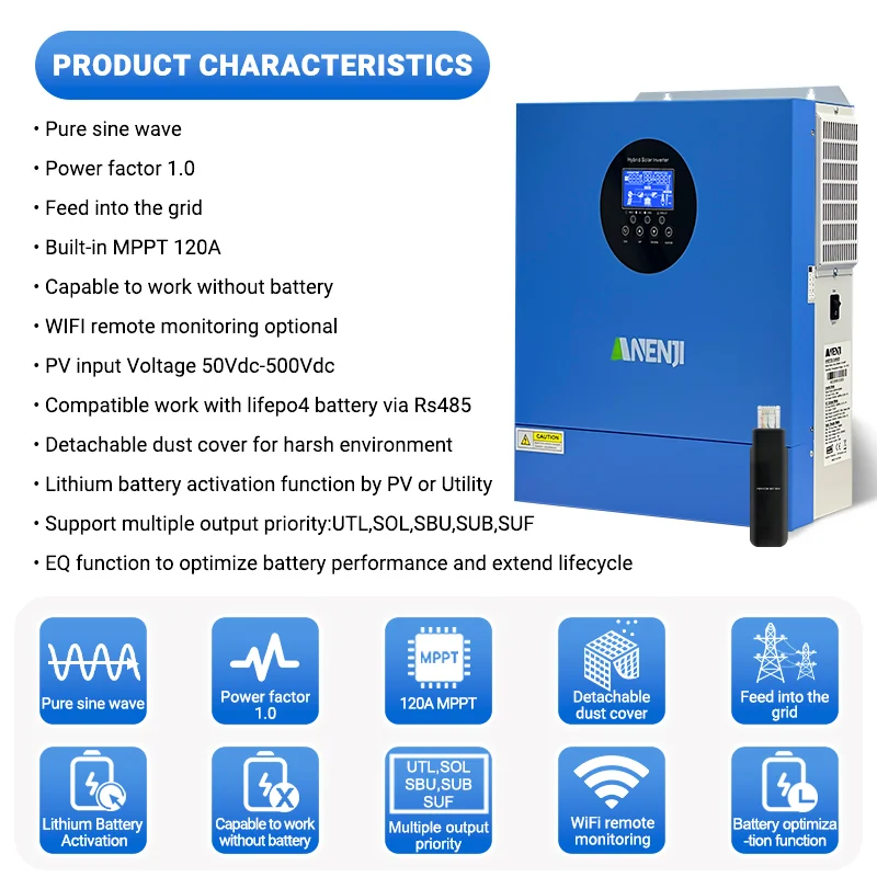 Anenji Hybrid-Wechselrichter, 2,5 kW, 12 V, parallel, WLAN — фото 4