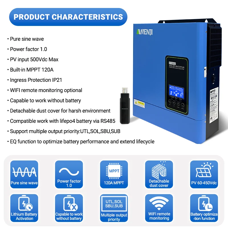 Anenji Hybrid-Wechselrichter 4,2 kW 24 V paralleles WLAN (ANJ-4.2KW-LV-W) — фото 3