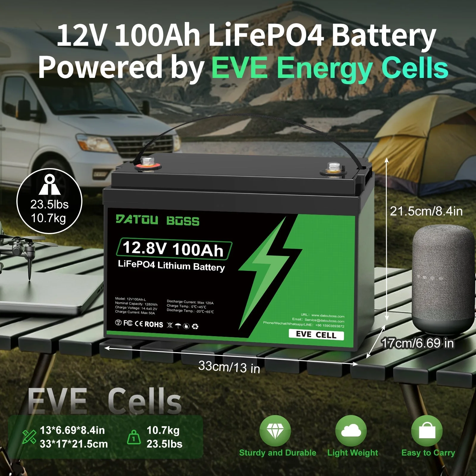 DATOUBOSS EVE Cells 12V 100Ah LiFePO4 батарея, 100A BMS, 4000+ глубоких циклов — фото 3