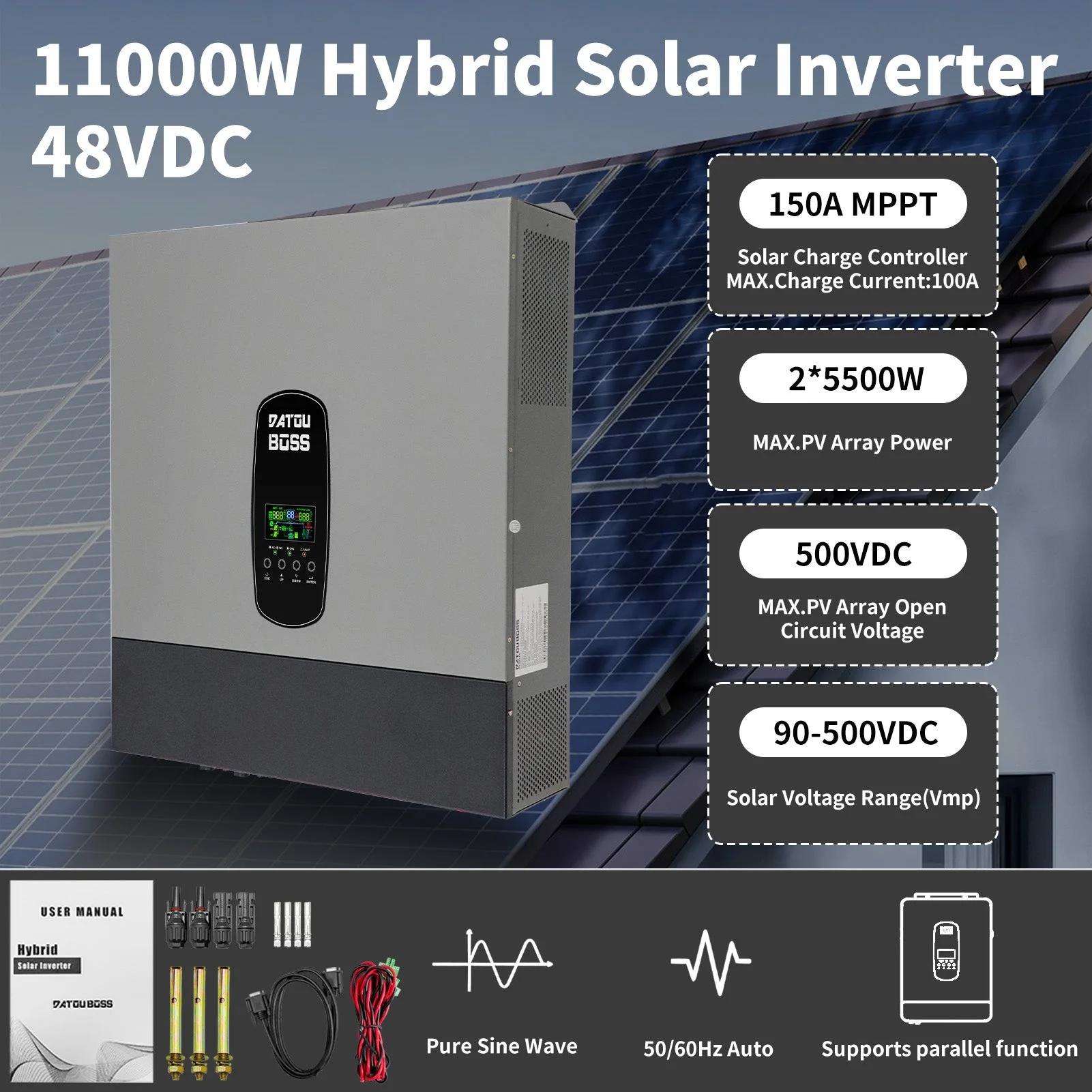 DATOUBOSS Hybrid Inverter 11kW 48V Dual MPPT 150A Parallel Operation Up to 9 Devices Support BMS and Battery Free Operation (Compatible with WiFi 04) — фото 2