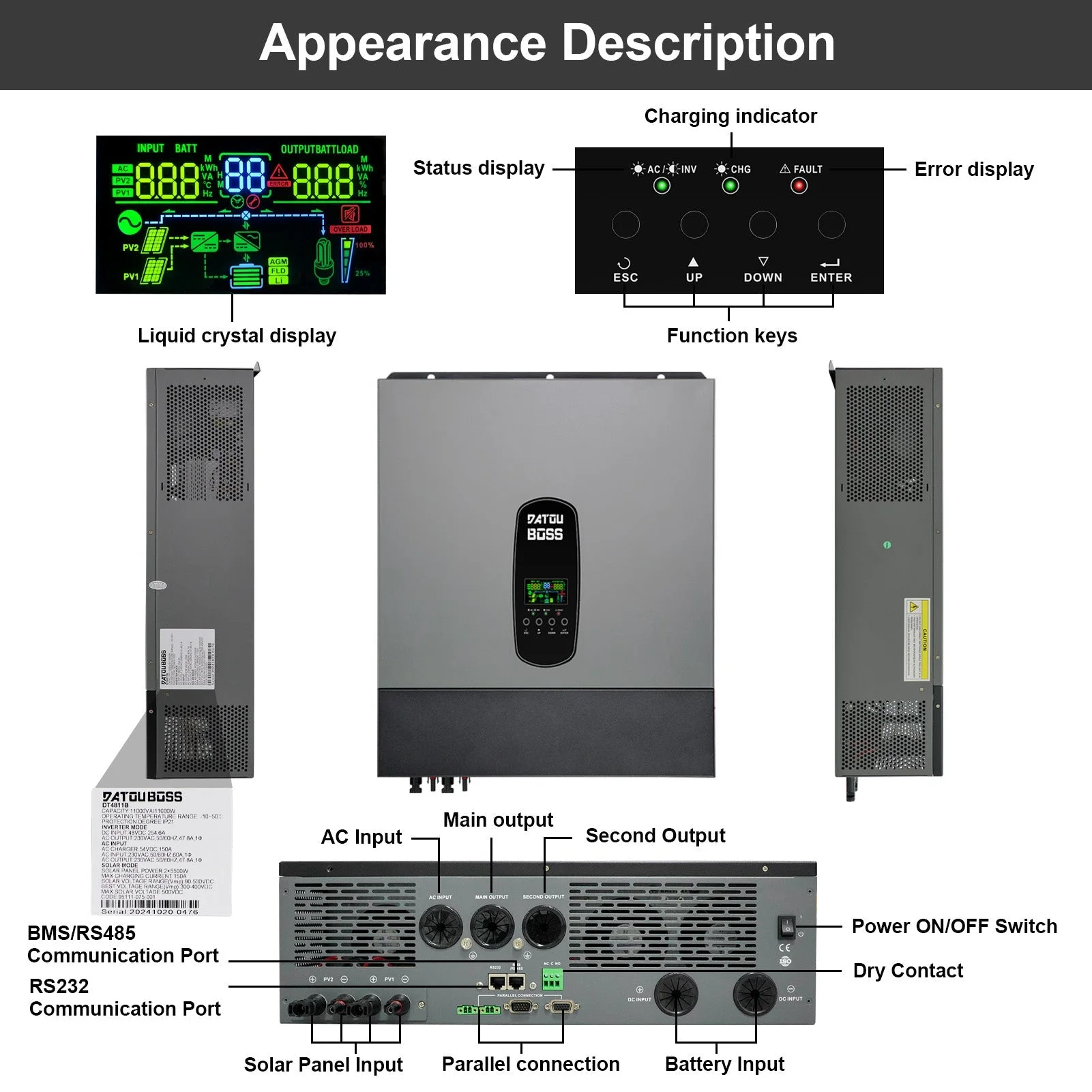 DATOUBOSS Hybrid Inverter 11kW 48V Dual MPPT 150A Parallel Operation Up to 9 Devices Support BMS and Battery Free Operation (Compatible with WiFi 04) — фото 3