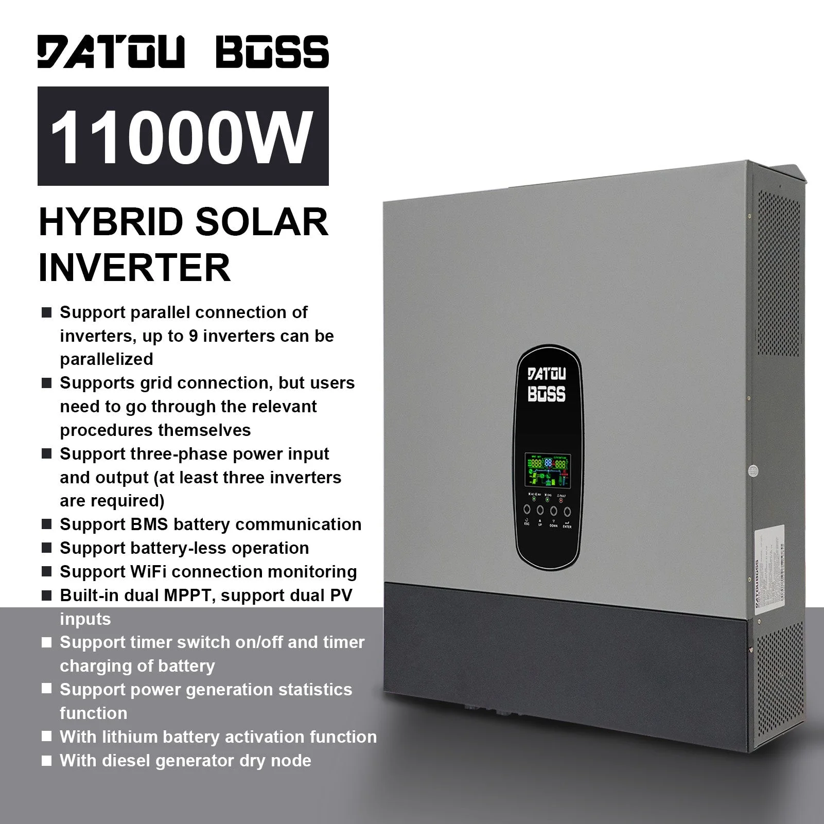 DATOUBOSS Hybrid Inverter 11kW 48V Dual MPPT 150A Parallel Operation Up to 9 Devices Support BMS and Battery Free Operation (Compatible with WiFi 04) — фото 4
