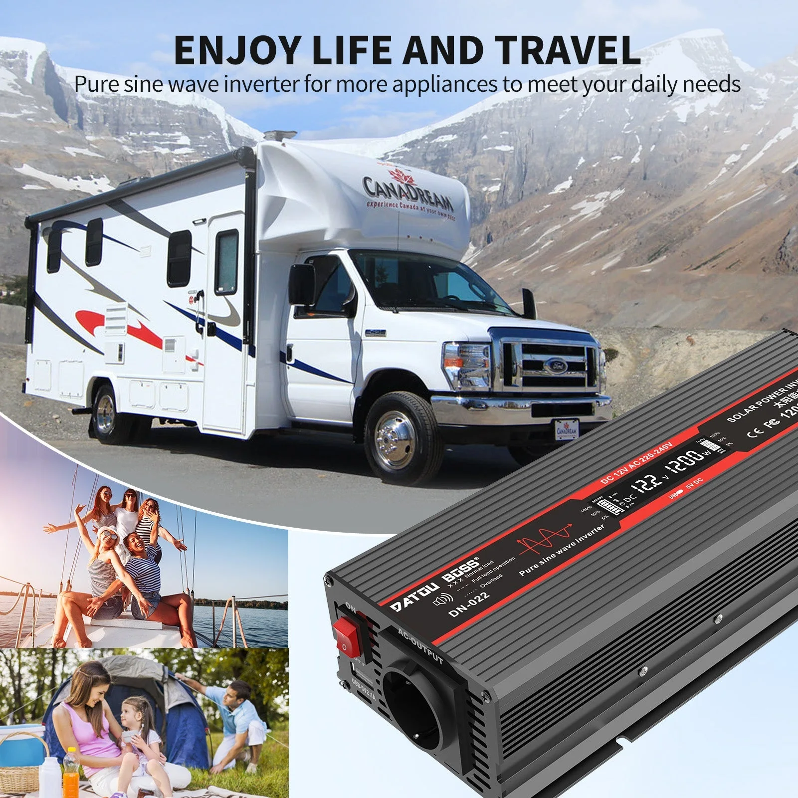 DATOUBOSS інвертор 1200 Вт 12 В DC – 230 В AC, чиста синусоїда, пік 2500 Вт, розетка ЄС, USB, для каравану та вантажівки — фото 7