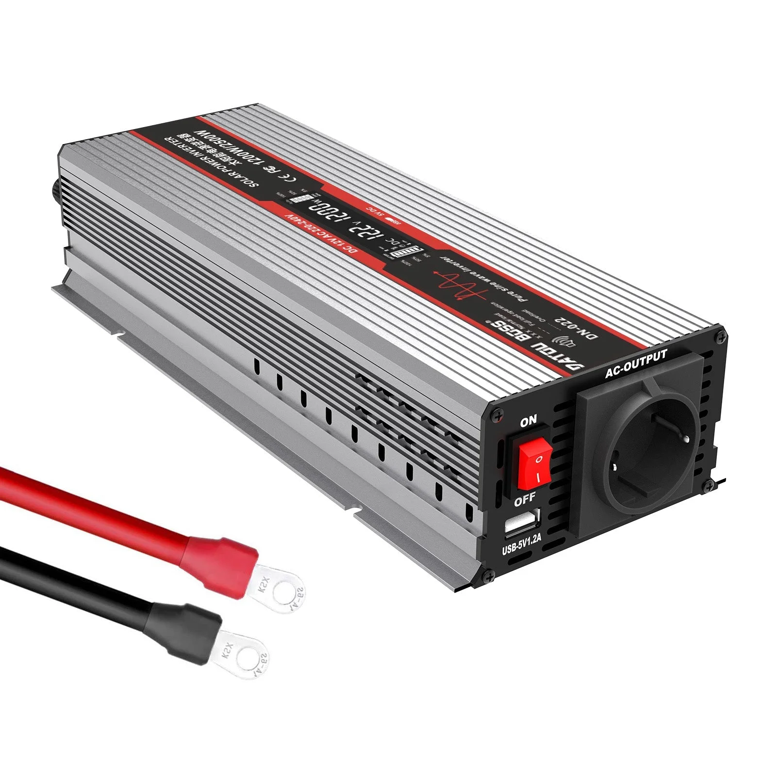 DATOUBOSS Wechselrichter 1200 W reiner Sinus 12 V DC – 230 V AC Spitze 2500 W EU-Stecker USB-LCD-Display