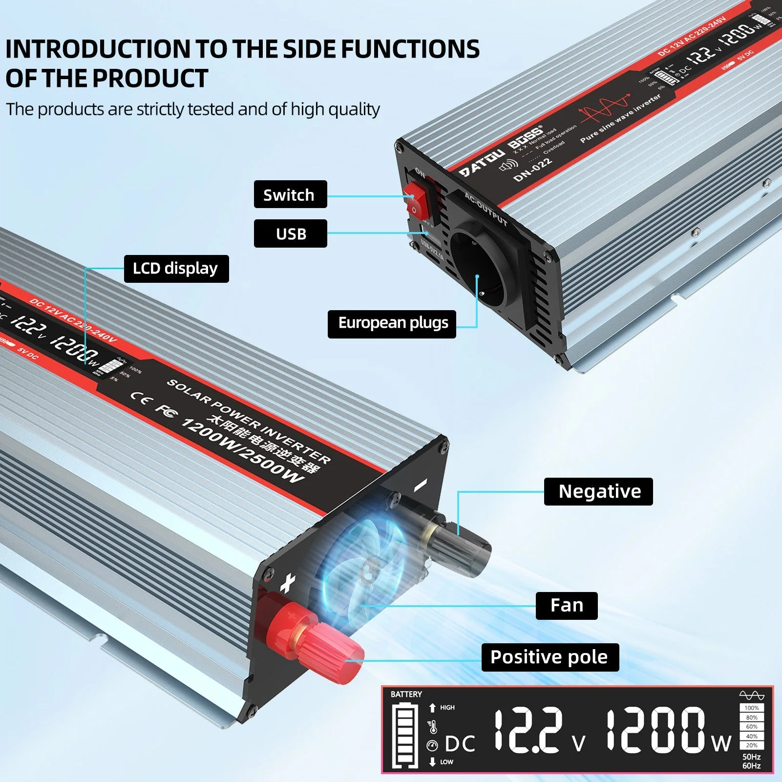 DATOUBOSS Wechselrichter 1200 W reiner Sinus 12 V DC – 230 V AC Spitze 2500 W EU-Stecker USB-LCD-Display — фото 4