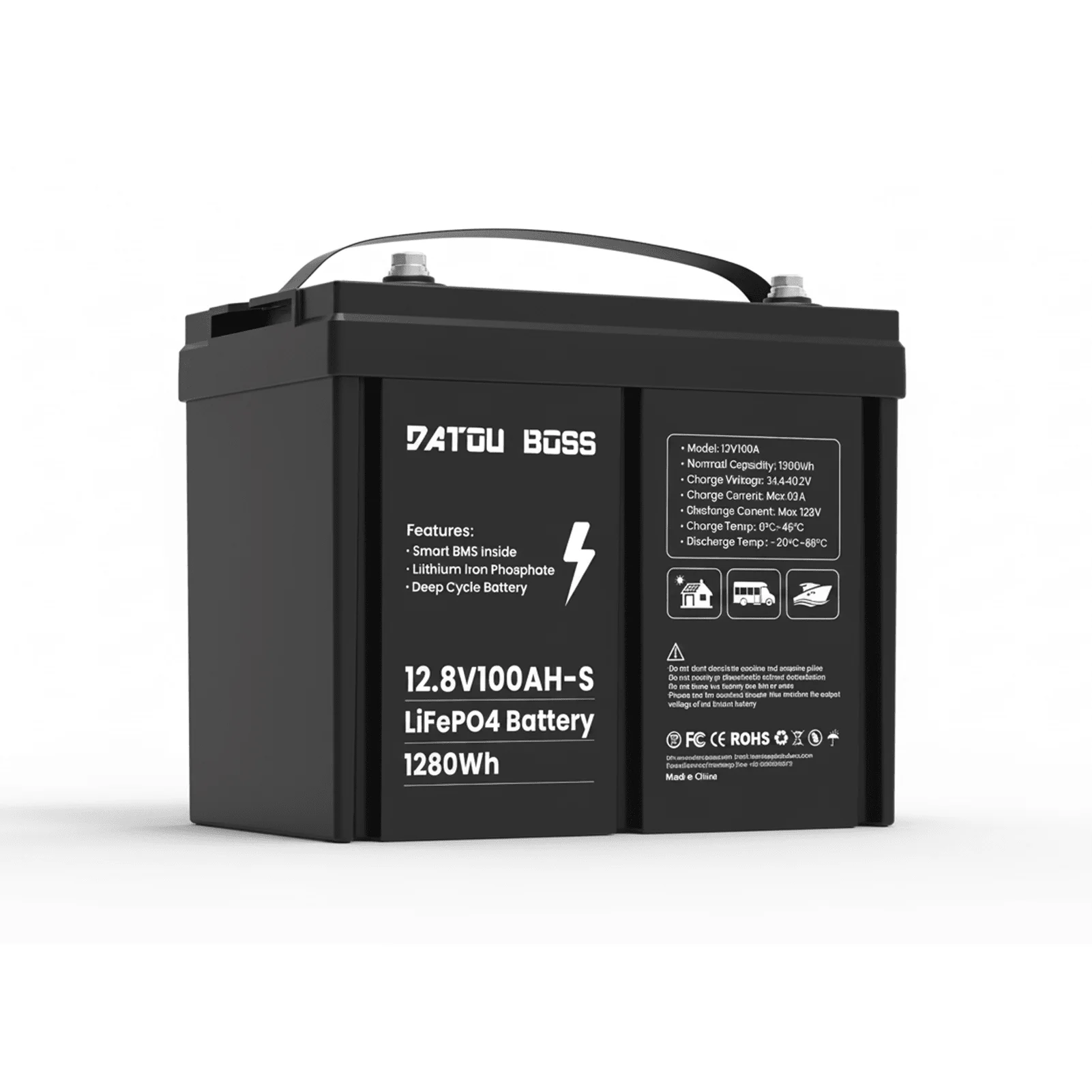 DATOUBOSS 12V 100Ah LiFePO4 Batterie mit 100A BMS Deep Cycle Batterie für RV Solar Home System