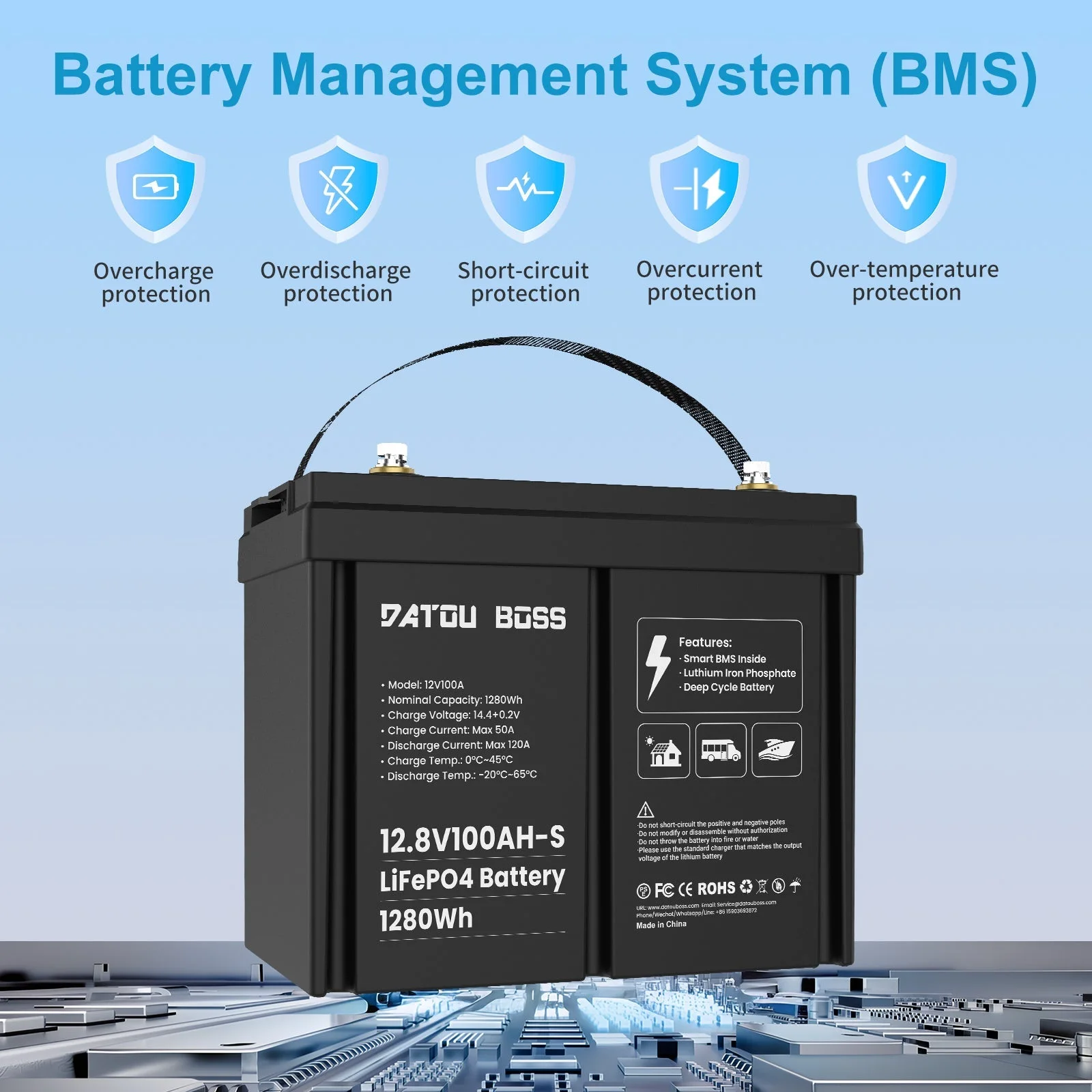 DATOUBOSS 12V 100Ah LiFePO4 Batterie mit 100A BMS Deep Cycle Batterie für RV Solar Home System — фото 7