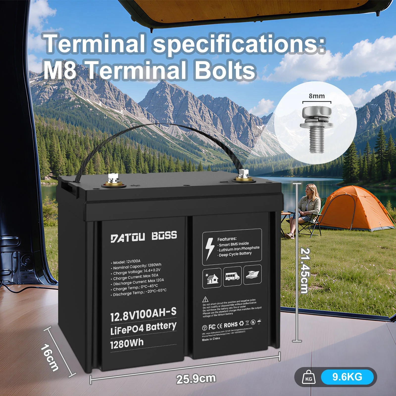 DATOUBOSS 12V 100Ah LiFePO4 Batterie mit 100A BMS Deep Cycle Batterie für RV Solar Home System — фото 10