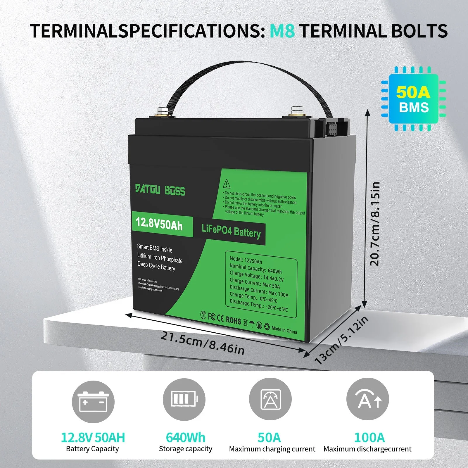 DATOUBOSS 12V 50Ah LiFePO4-Batterie mit 50A BMS Deep Cycle, Lithiumbatterie für Wohnmobil, Solar, Energiespeicherung zu Hause und eigenständiges Stromsystem — фото 2