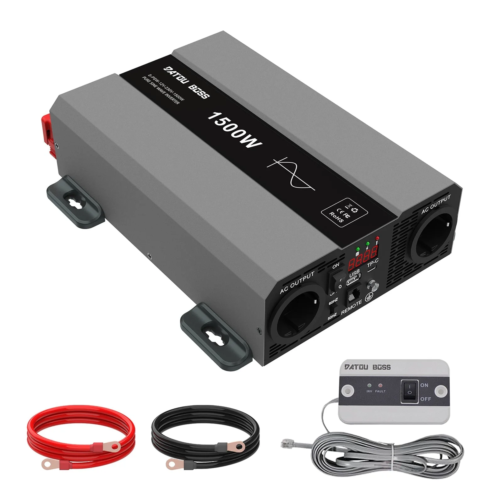 DATOUBOSS Wechselrichter 1500 W 12 V DC - 230 V AC reine Sinuswelle 3000 W Spitze 2 EU-Steckdosen USB + Typ-C-Fernbedienung