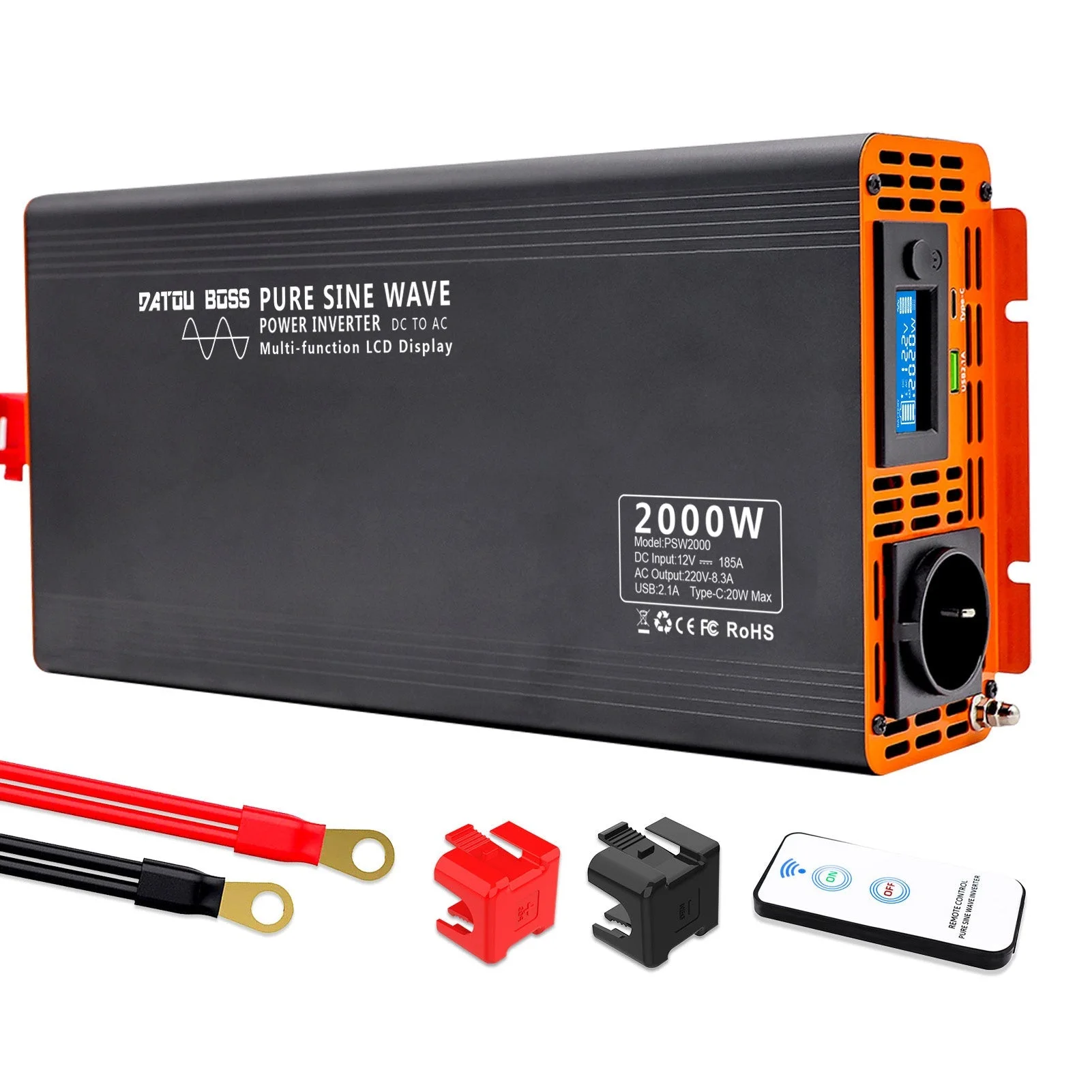DATOUBOSS 2000W Pure Sine Wave Inverter 12V to 230V AC Power Converter 4000W Peak Power with 1 EU Plug LCD Screen 1 Type-C Port and 1 USB Port for Home Appliances RV Truck