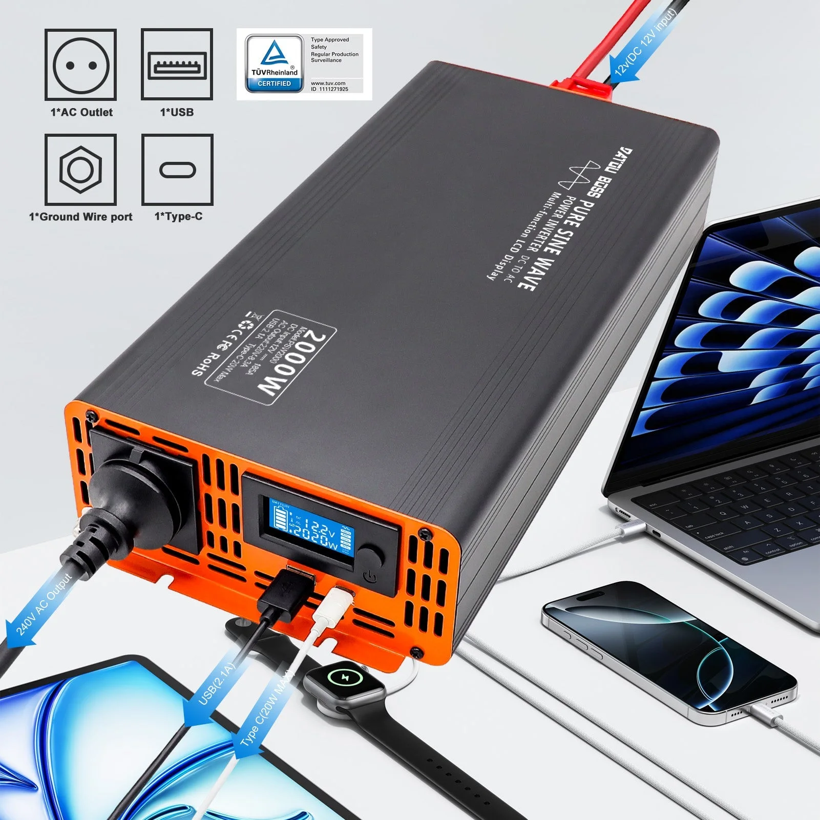 DATOUBOSS 2000 W reiner Sinuswellen-Wechselrichter, 12 V auf 230 V Wechselstrom-Stromrichter, 4000 W Spitzenleistung mit 1 EU-Stecker-LCD-Bildschirm, 1 Typ-C-Anschluss und 1 USB-Anschluss für Haushaltsgeräte, Wohnmobil, LKW — фото 2