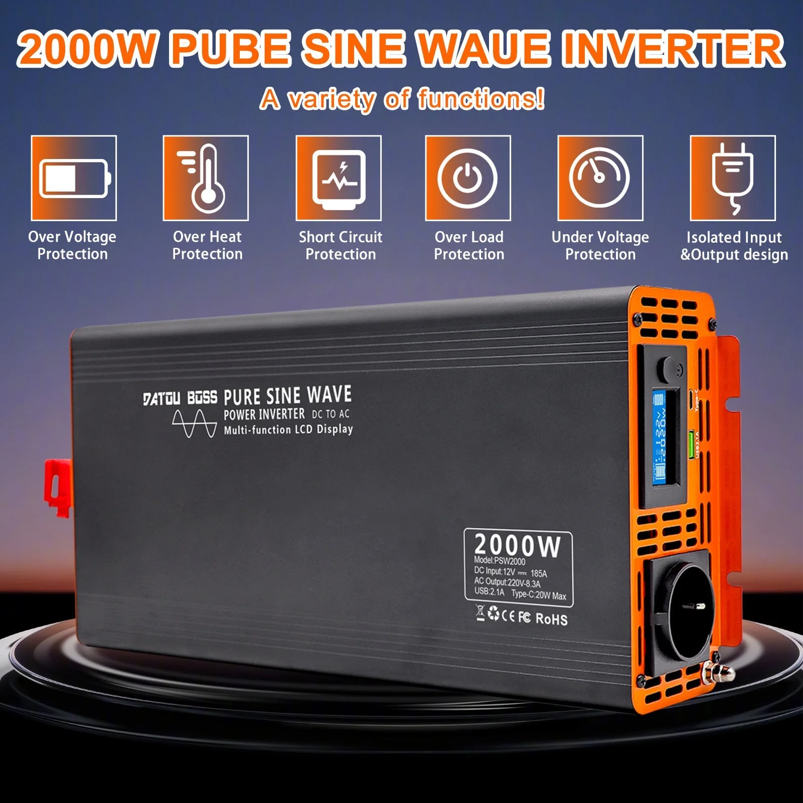 DATOUBOSS 2000 W reiner Sinuswellen-Wechselrichter, 12 V auf 230 V Wechselstrom-Stromrichter, 4000 W Spitzenleistung mit 1 EU-Stecker-LCD-Bildschirm, 1 Typ-C-Anschluss und 1 USB-Anschluss für Haushaltsgeräte, Wohnmobil, LKW — фото 4