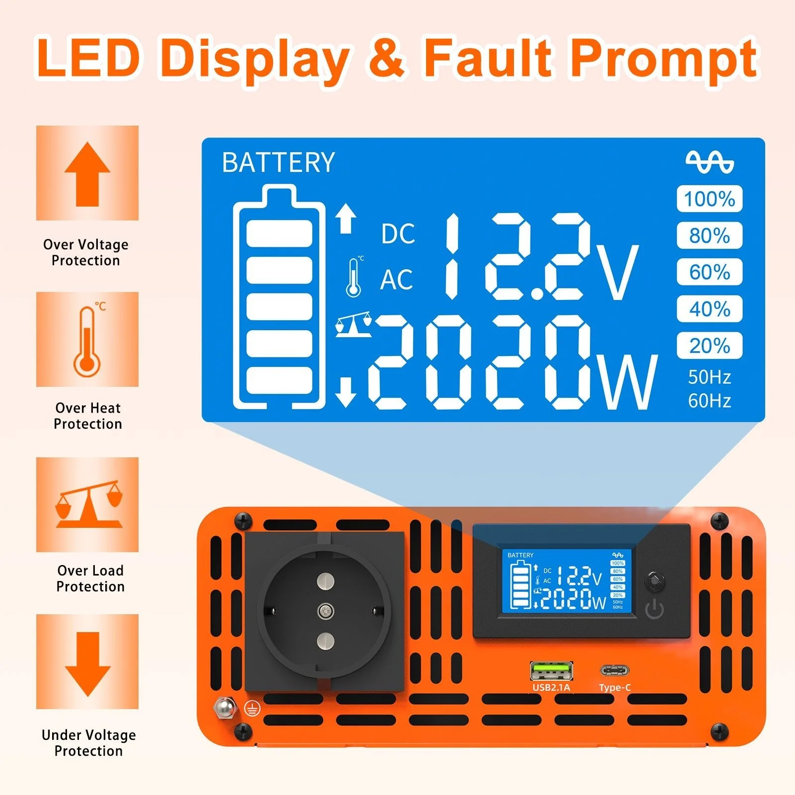 DATOUBOSS 2000 W reiner Sinuswellen-Wechselrichter, 12 V auf 230 V Wechselstrom-Stromrichter, 4000 W Spitzenleistung mit 1 EU-Stecker-LCD-Bildschirm, 1 Typ-C-Anschluss und 1 USB-Anschluss für Haushaltsgeräte, Wohnmobil, LKW — фото 5