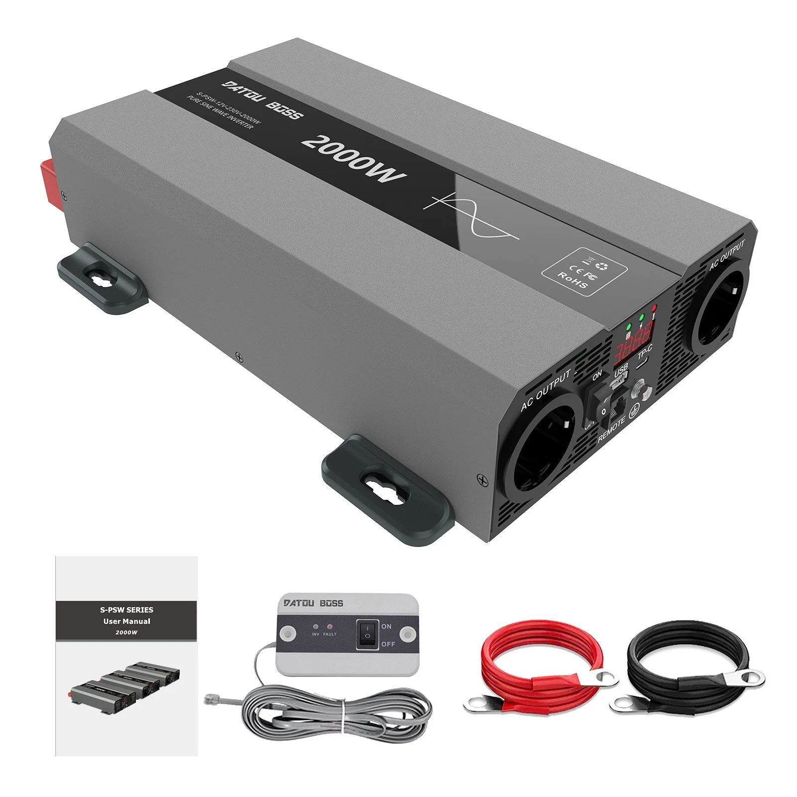 DATOUBOSS 2000 W reiner Sinuswellen-Wechselrichter, 12 V auf 230 V AC-Konverter, 4000 W Spitzenleistung mit EU-Steckern, USB-Anschlüssen und USB-C-Ausgang für Haushaltsgeräte, Autos, Wohnwagen, LKWs