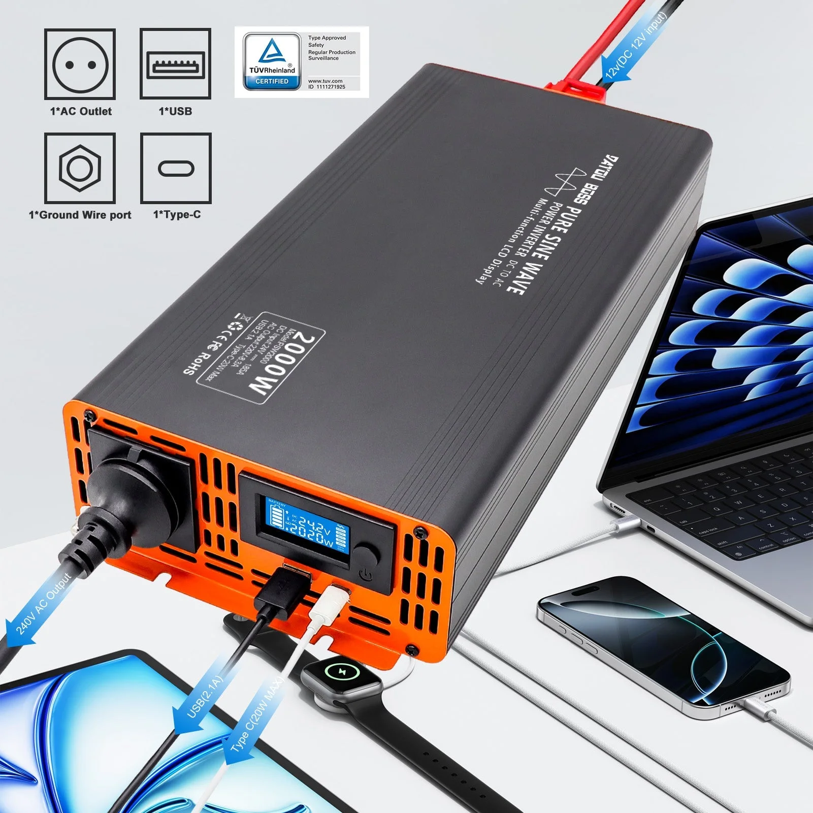 DATOUBOSS 2000 W reiner Sinuswellen-Wechselrichter, 24 V auf 230 V AC-Stromrichter, 4000 W Spitzenleistung mit 1 EU-Stecker-LCD-Bildschirm, 1 Typ-C-Anschluss und 1 USB-Anschluss für Haushaltsgeräte, Wohnmobil, LKW — фото 2