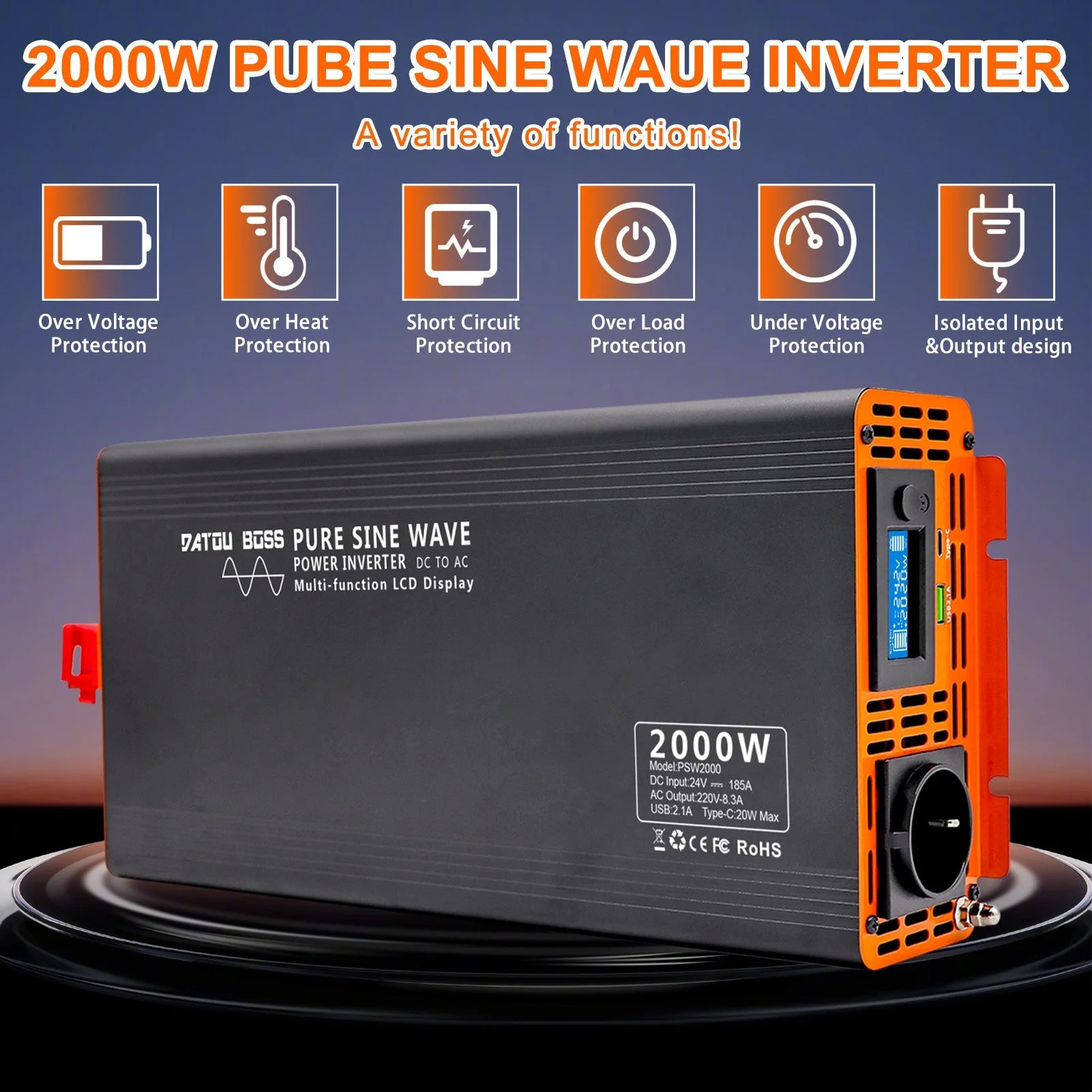 DATOUBOSS 2000 W reiner Sinuswellen-Wechselrichter, 24 V auf 230 V AC-Stromrichter, 4000 W Spitzenleistung mit 1 EU-Stecker-LCD-Bildschirm, 1 Typ-C-Anschluss und 1 USB-Anschluss für Haushaltsgeräte, Wohnmobil, LKW — фото 4