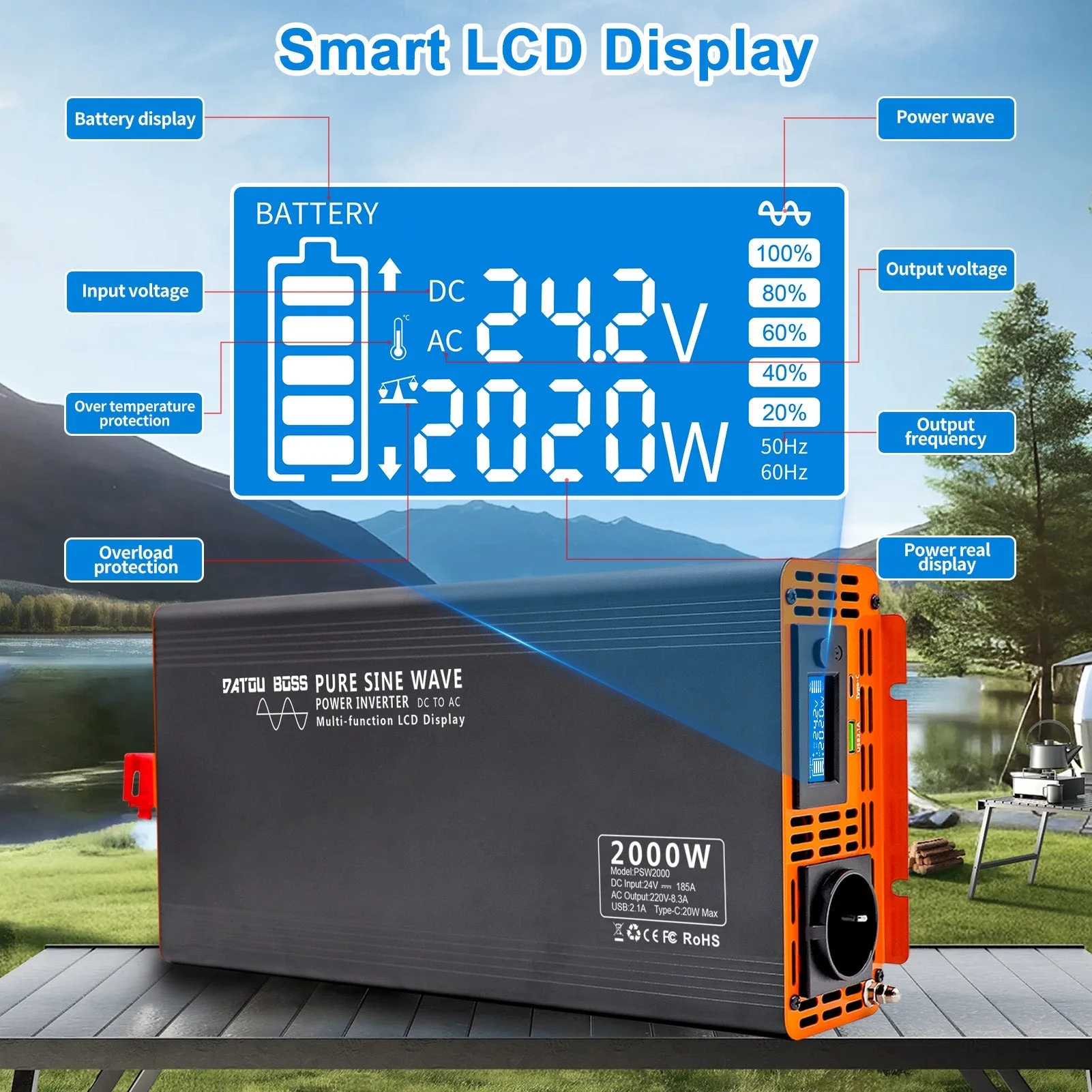 DATOUBOSS 2000 W reiner Sinuswellen-Wechselrichter, 24 V auf 230 V AC-Stromrichter, 4000 W Spitzenleistung mit 1 EU-Stecker-LCD-Bildschirm, 1 Typ-C-Anschluss und 1 USB-Anschluss für Haushaltsgeräte, Wohnmobil, LKW — фото 6
