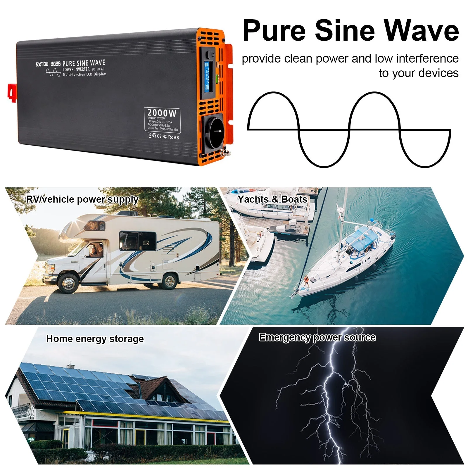 DATOUBOSS 2000 W reiner Sinuswellen-Wechselrichter, 24 V auf 230 V AC-Stromrichter, 4000 W Spitzenleistung mit 1 EU-Stecker-LCD-Bildschirm, 1 Typ-C-Anschluss und 1 USB-Anschluss für Haushaltsgeräte, Wohnmobil, LKW — фото 7