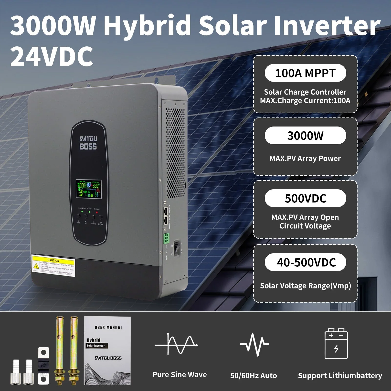 DATOUBOSS 3000 W 24 V reiner Sinus-Hybrid-Wechselrichter MPPT 100 A Blei-Säure- und Lithium-Batterie-Unterstützung (WiFi 04 kompatibel) — фото 2