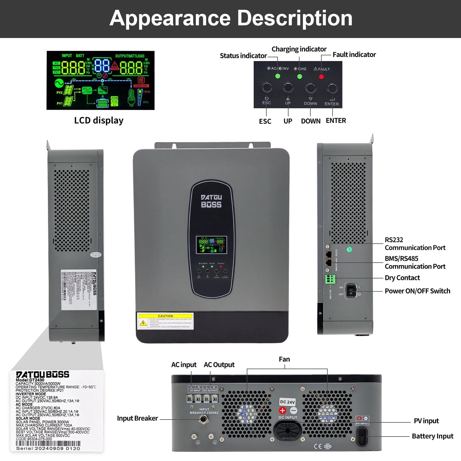 DATOUBOSS 3000 W 24 V reiner Sinus-Hybrid-Wechselrichter MPPT 100 A Blei-Säure- und Lithium-Batterie-Unterstützung (WiFi 04 kompatibel) — фото 3