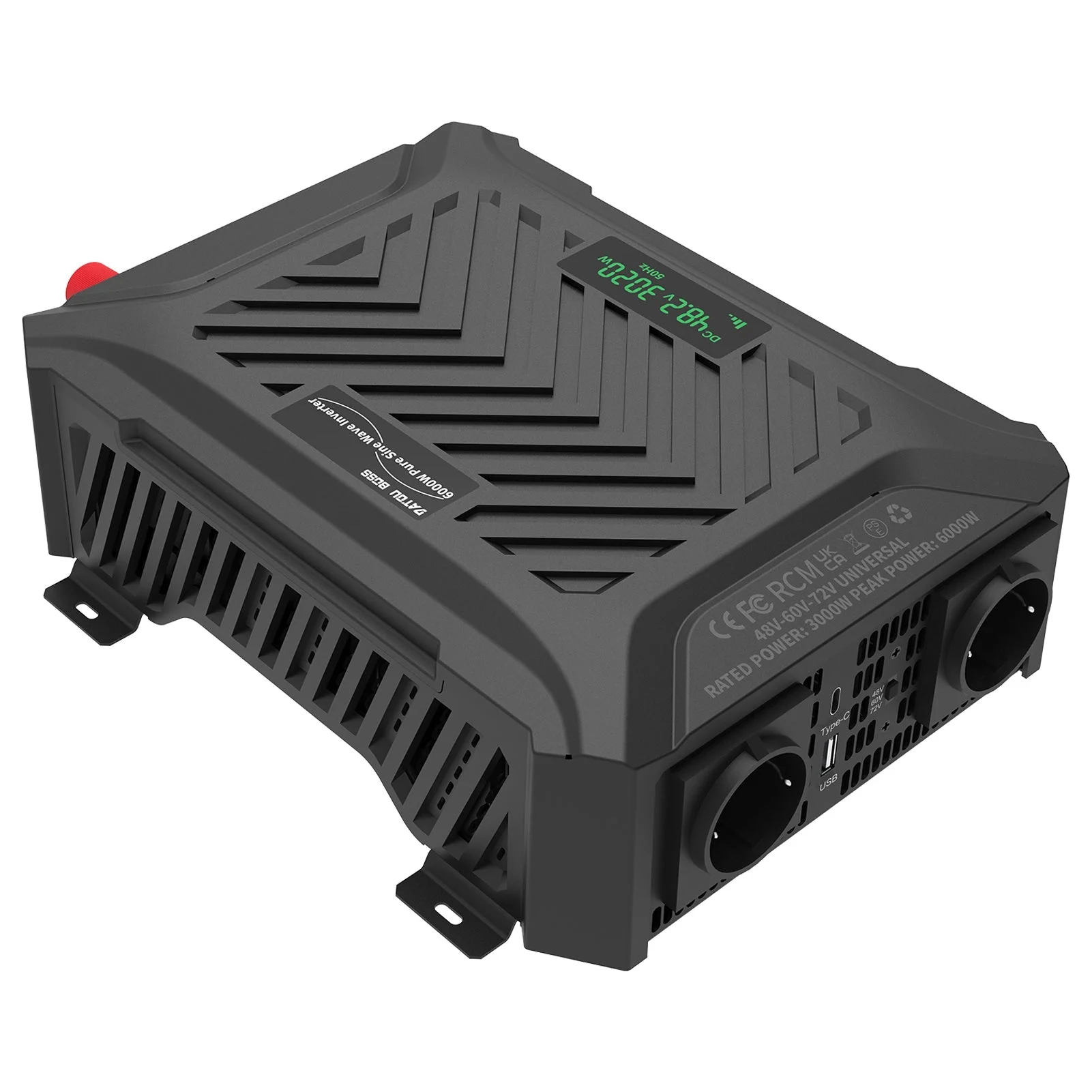 DATOUBOSS 3000 W reiner Sinuswellen-Wechselrichter, universelle Eingangsspannung 48/60/72 V bis 230 V, Spitze 6000 W, LCD-Display, zwei EU-Stecker — фото 1