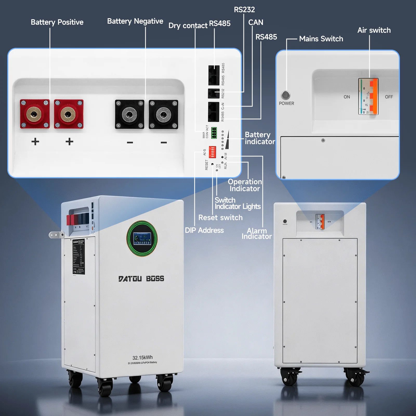 DATOUBOSS 48V 628Ah LiFePO4-Batterie 32kWh Solarenergiespeichersystem mit 300A BMS Metallgehäuse mit Rädern für die Energiespeicherung zu Hause, Solar-Wohnmobile und Off-Grid-Backup — фото 2