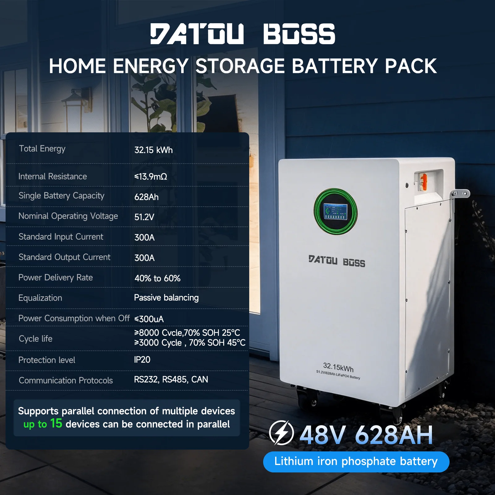 DATOUBOSS 48V 628Ah LiFePO4-Batterie 32kWh Solarenergiespeichersystem mit 300A BMS Metallgehäuse mit Rädern für die Energiespeicherung zu Hause, Solar-Wohnmobile und Off-Grid-Backup — фото 3