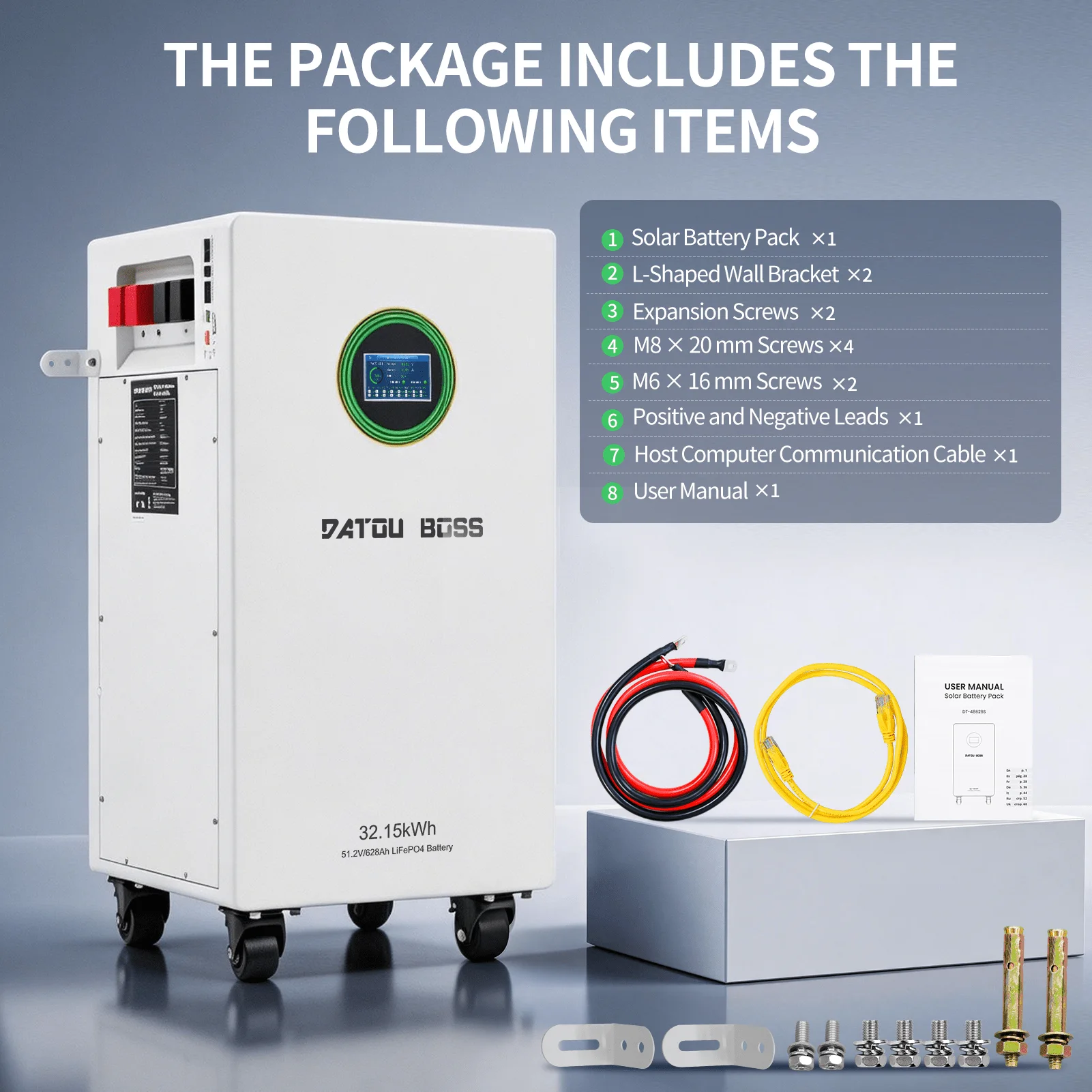 DATOUBOSS 48V 628Ah LiFePO4-Batterie 32kWh Solarenergiespeichersystem mit 300A BMS Metallgehäuse mit Rädern für die Energiespeicherung zu Hause, Solar-Wohnmobile und Off-Grid-Backup — фото 4