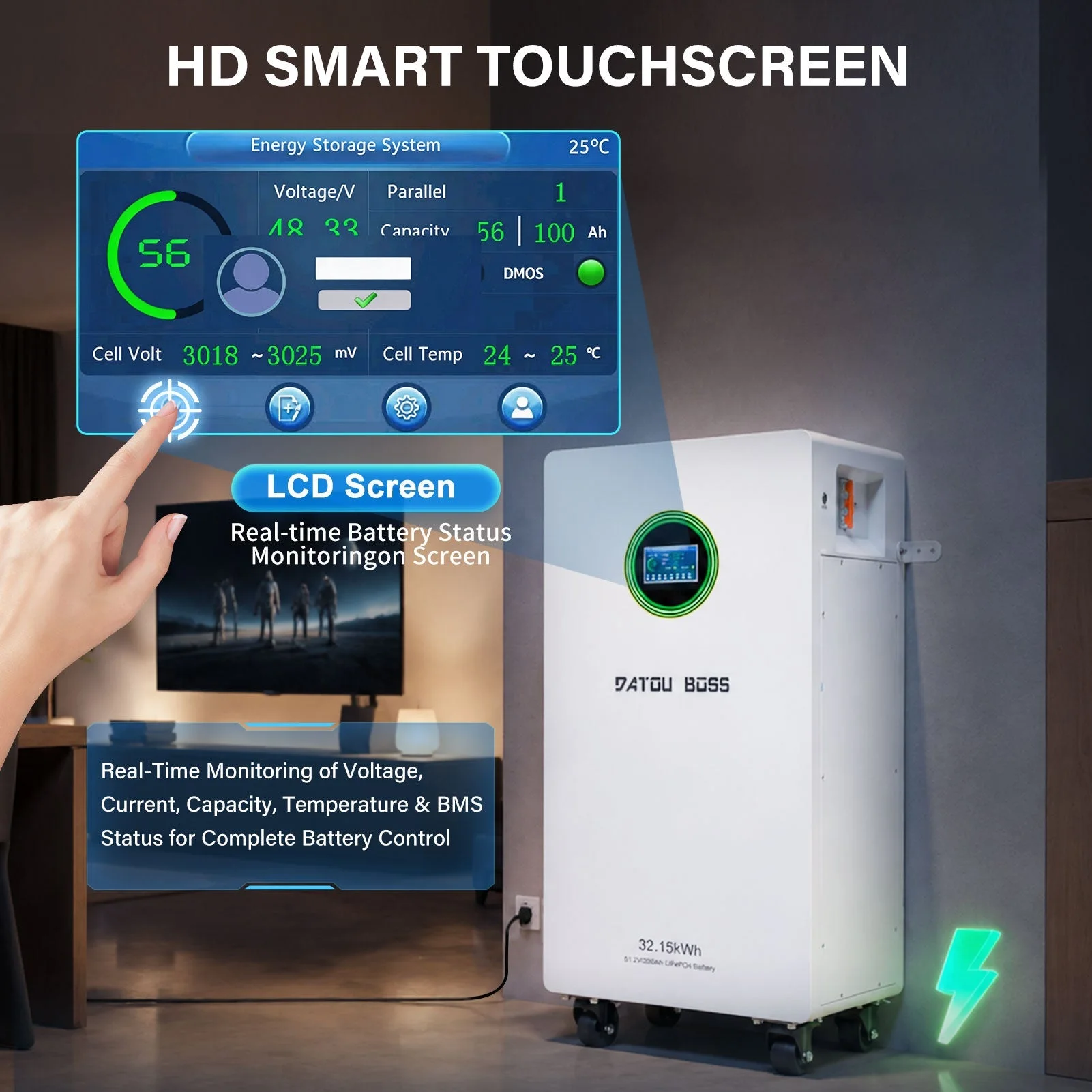 DATOUBOSS 48V 628Ah LiFePO4-Batterie 32kWh Solarenergiespeichersystem mit 300A BMS Metallgehäuse mit Rädern für die Energiespeicherung zu Hause, Solar-Wohnmobile und Off-Grid-Backup — фото 5
