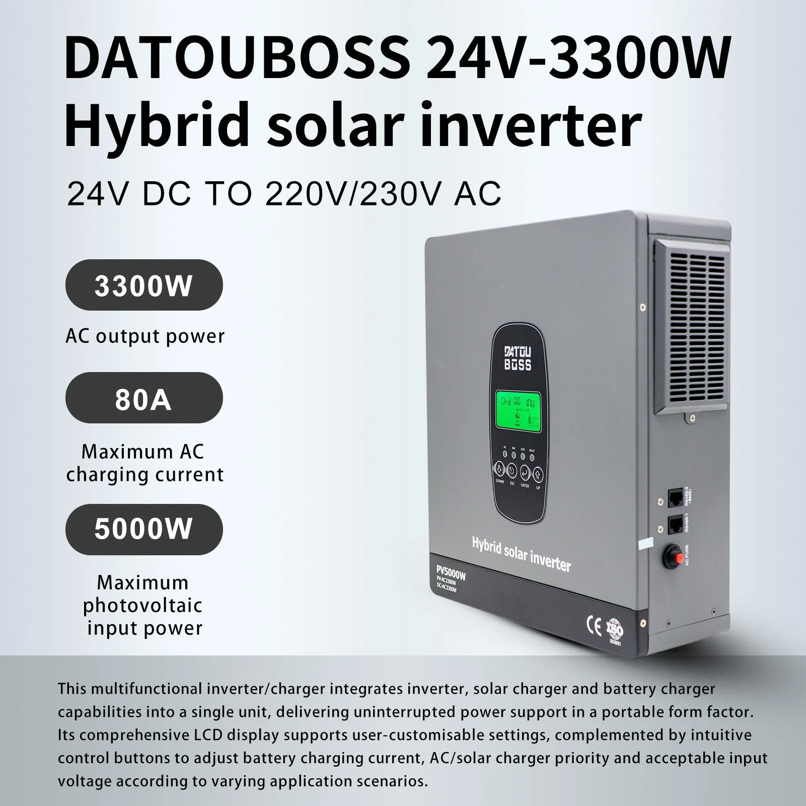 Гібридний інвертор DATOUBOSS 3300 Вт, 24 В, чиста синусоїда, MPPT 120 А, підтримка BMS і роботи без батареї (сумісний з WiFi 06) — фото 10