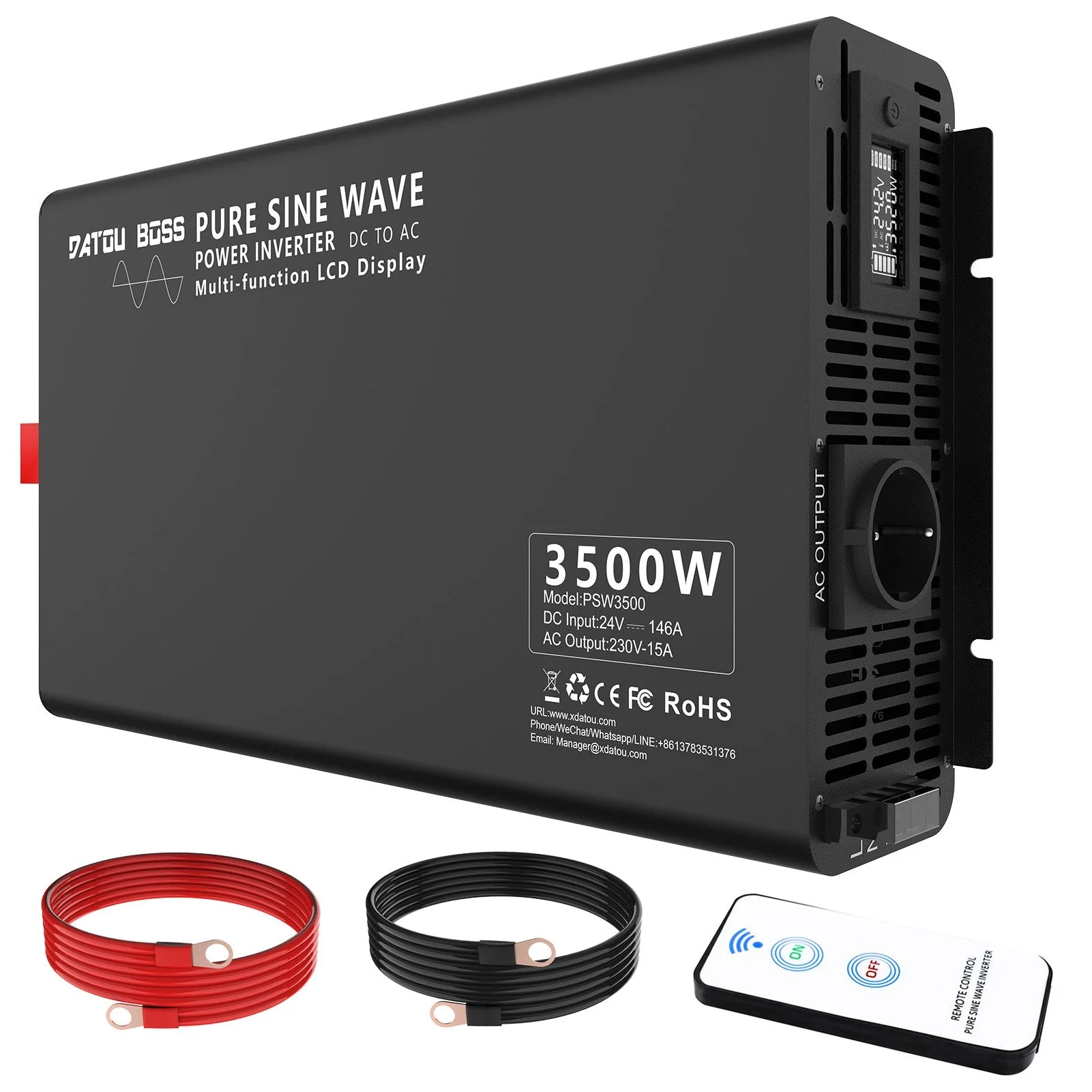 DATOUBOSS 3500 W reiner Sinus-Wechselrichter, 24 V auf 230 V, Spitze, 7000 W, LCD-Display, kabellose Fernbedienung, 1 EU-Stecker