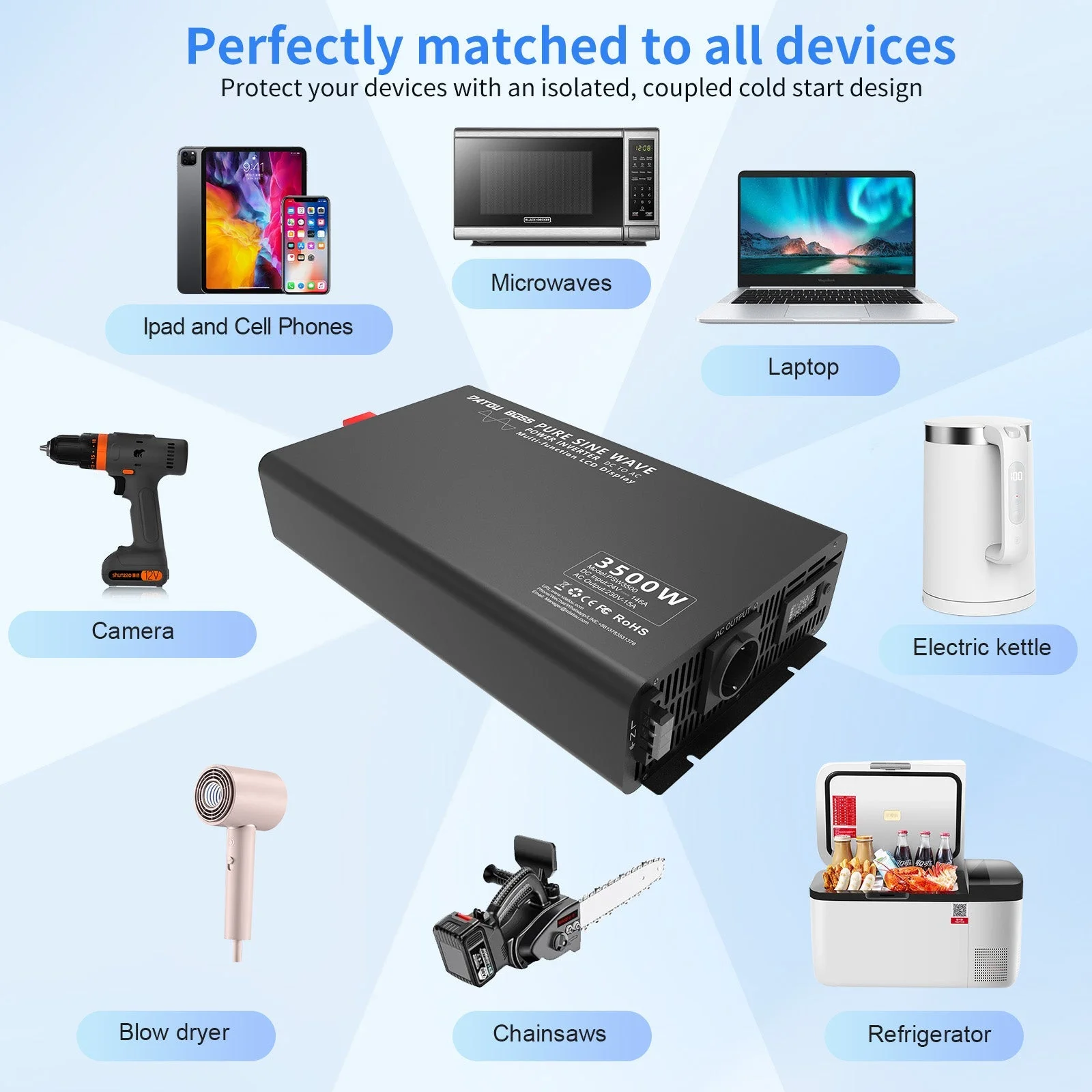 DATOUBOSS 3500 Вт инвертор чистой синусоиды 24 В на 230 В, пик 7000 Вт, ЖК-дисплей, беспроводной пульт, 1 розетка ЕС — фото 4