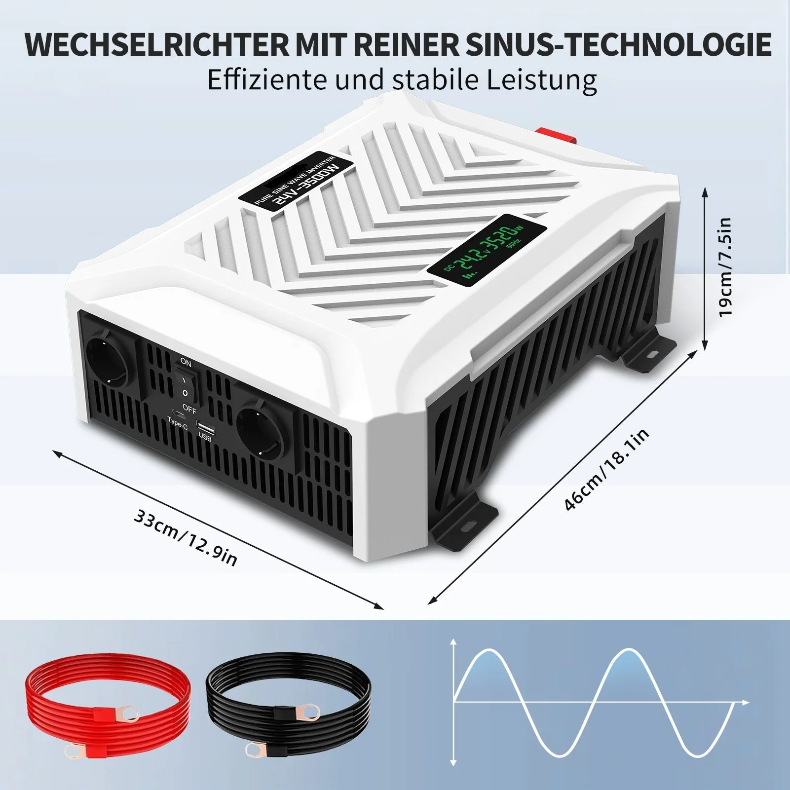 DATOUBOSS 3500 W reiner Sinuswellen-Wechselrichter, 24 V auf 230 V, Spitzenleistung 7000 W, LCD-Display, zwei EU-Stecker — фото 2