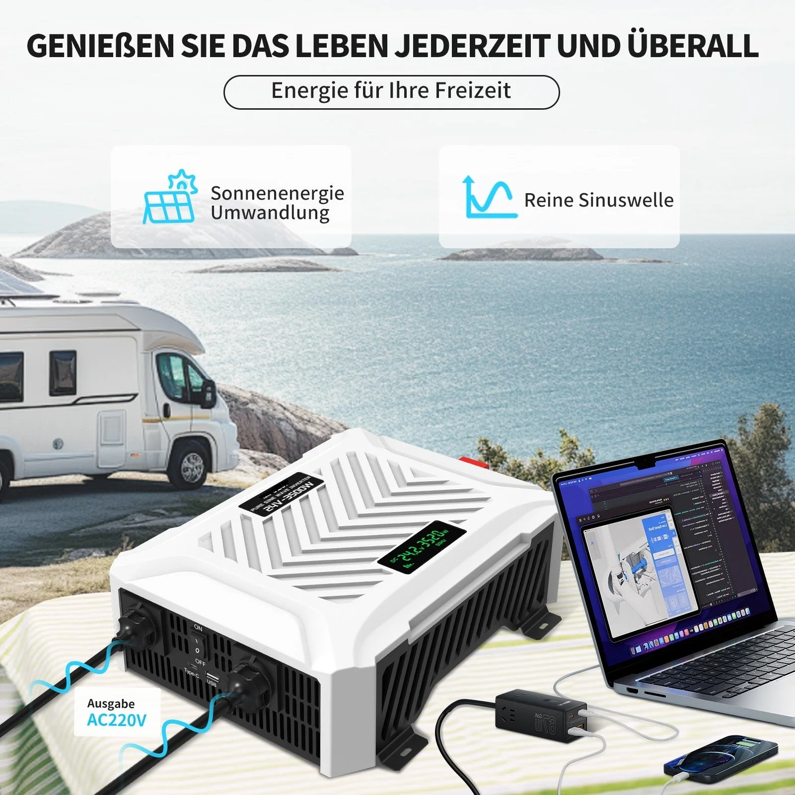 DATOUBOSS 3500 W reiner Sinuswellen-Wechselrichter, 24 V auf 230 V, Spitzenleistung 7000 W, LCD-Display, zwei EU-Stecker — фото 3