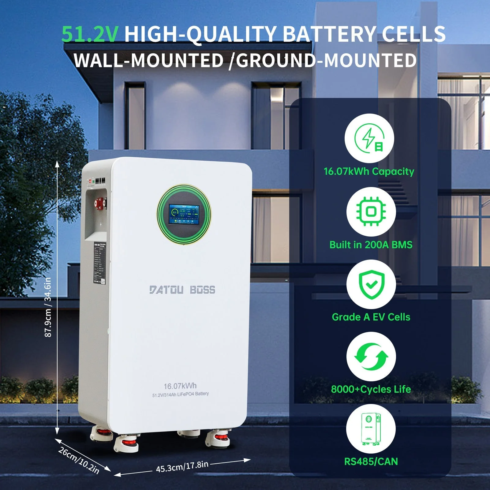 DATOUBOSS 48V 314Ah LiFePO4-Batterie 16kWh Solarenergiespeichersystem mit 210A BMS Metallgehäuse mit Rädern für die Energiespeicherung zu Hause, Solar-Wohnmobile und Off-Grid-Backup — фото 2