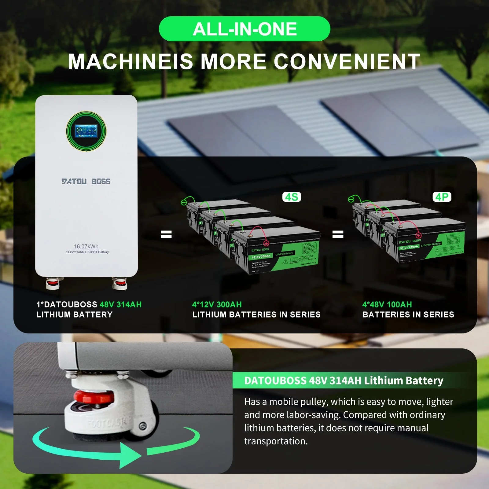 DATOUBOSS 48V 314Ah LiFePO4-Batterie 16kWh Solarenergiespeichersystem mit 210A BMS Metallgehäuse mit Rädern für die Energiespeicherung zu Hause, Solar-Wohnmobile und Off-Grid-Backup — фото 4