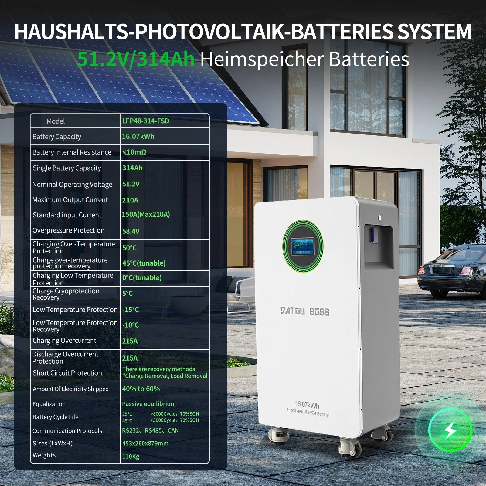 DATOUBOSS 48V 314Ah LiFePO4-Batterie 16kWh Solarenergiespeichersystem mit 210A BMS Metallgehäuse mit Rädern für die Energiespeicherung zu Hause, Solar-Wohnmobile und Off-Grid-Backup — фото 5