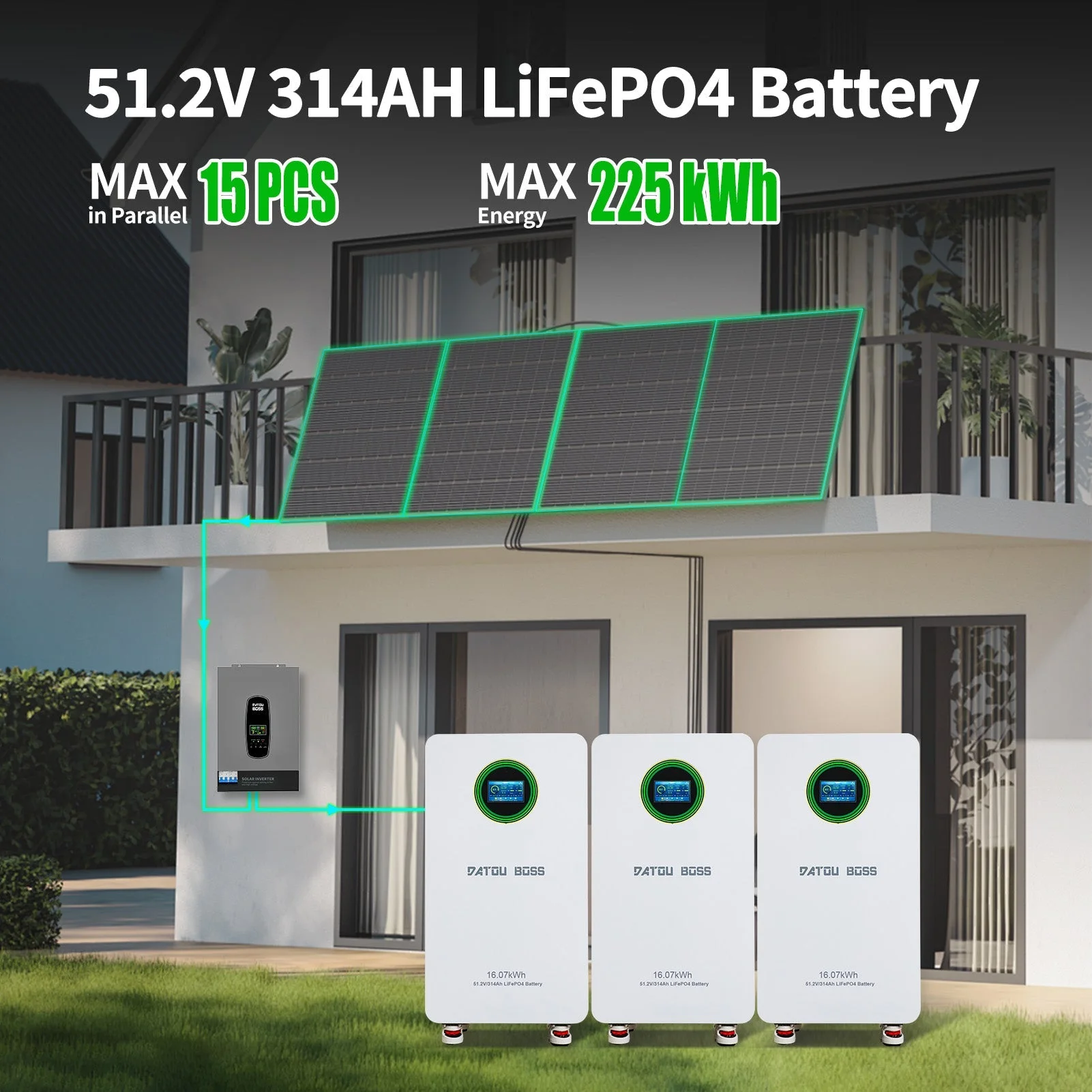 DATOUBOSS 48V 314Ah LiFePO4-Batterie 16kWh Solarenergiespeichersystem mit 210A BMS Metallgehäuse mit Rädern für die Energiespeicherung zu Hause, Solar-Wohnmobile und Off-Grid-Backup — фото 7