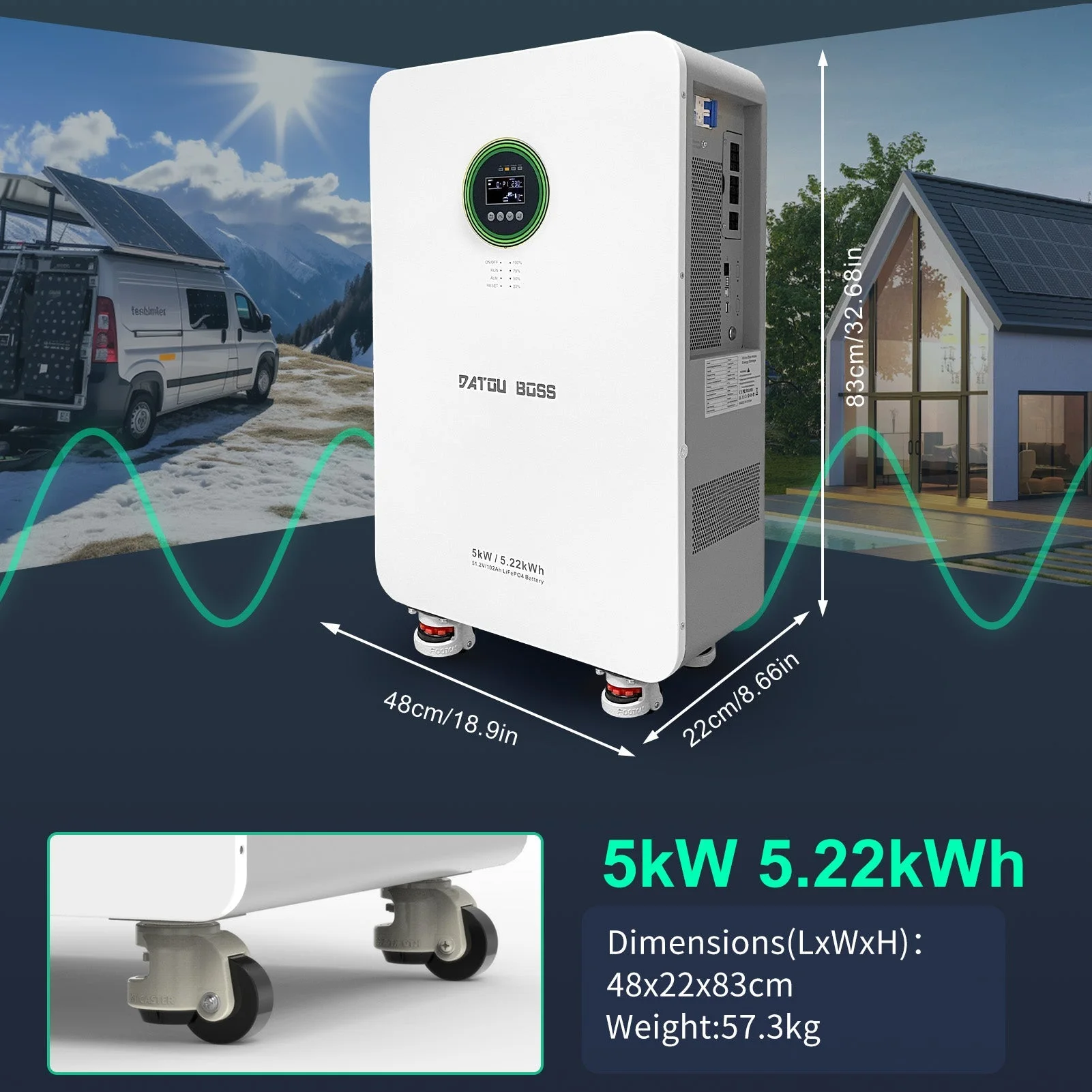 DATOUBOSS 48V 5000W Hybrid-Wechselrichter + 102Ah LiFePO4 tragbare Powerbank mit LCD-Display und Rädern — фото 5
