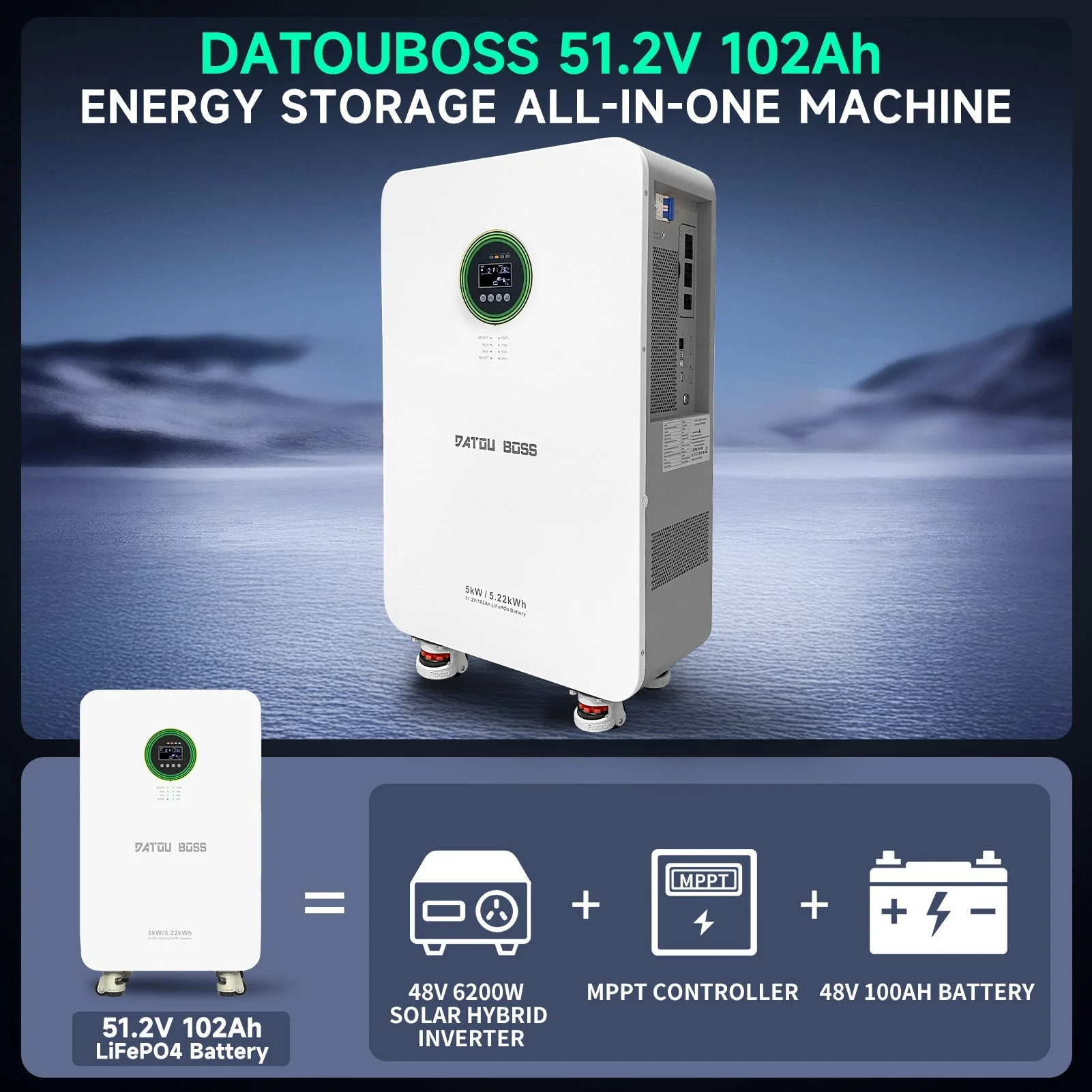 DATOUBOSS 48V 5000W Hybrid-Wechselrichter + 102Ah LiFePO4 tragbare Powerbank mit LCD-Display und Rädern — фото 9